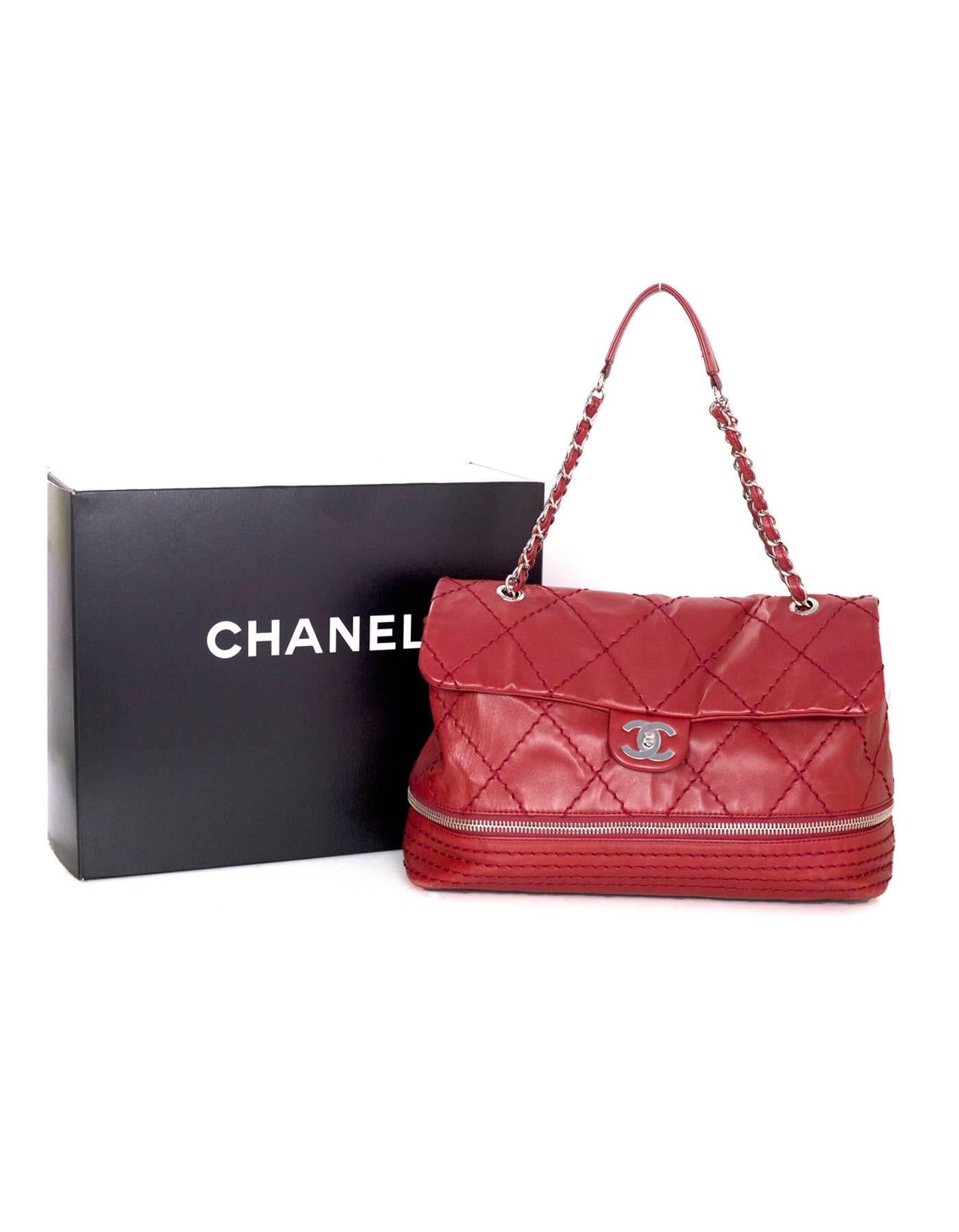Chanel Red Expandable Ligne Quilted Zipper Flap Bag 2