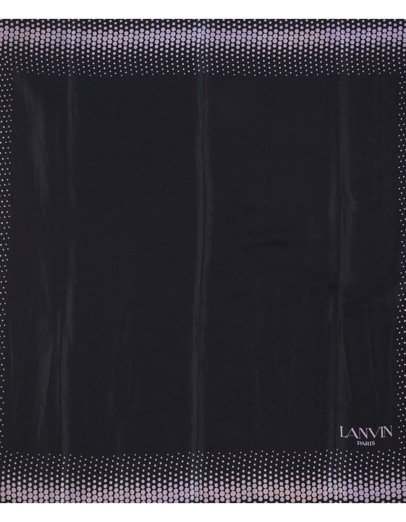 Lanvin Black & Purple Polka Dot Silk Scarf 
Features Lanvin Paris printed on bottom corner

Color: Black and purple
Composition: Not given- believed to be 100% silk
Overall Condition: Excellent pre-owned condition with the exception of missing