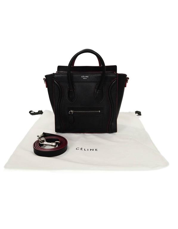 Celine Black Leather Nano Luggage Tote Crossbody Bag w/ Red Trim For