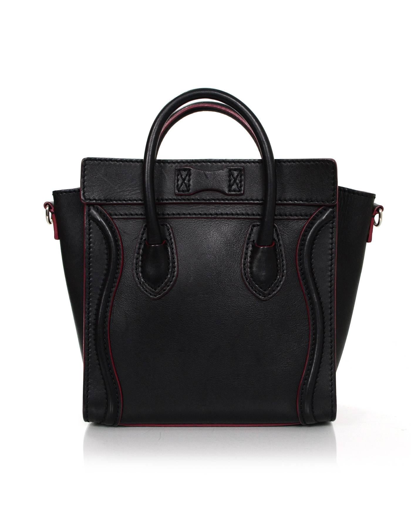 Celine Black Leather Nano Luggage Satchel 
Features burgundy trim throughout exterior and detachable shoulder/crossbody strap

Made In: Italy
Year of Production: 2012
Color: Black and burgundy
Hardware: Silvertone
Materials: Leather
Lining: Black