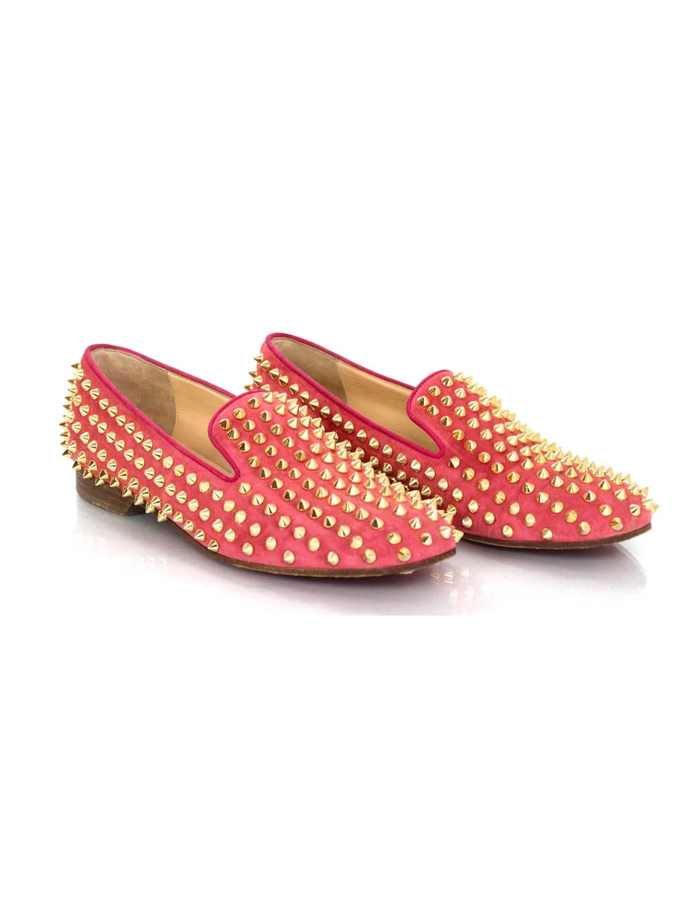 Women's Christian Louboutin Coral Suede and Goldtone Rolling Spike Loafers sz 37.5