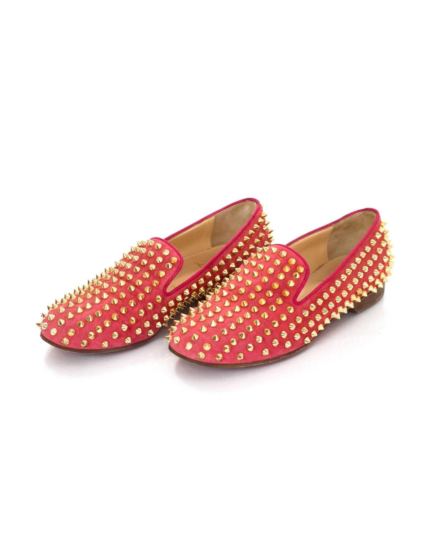 Orange Christian Louboutin Coral Suede and Goldtone Rolling Spike Loafers sz 37.5