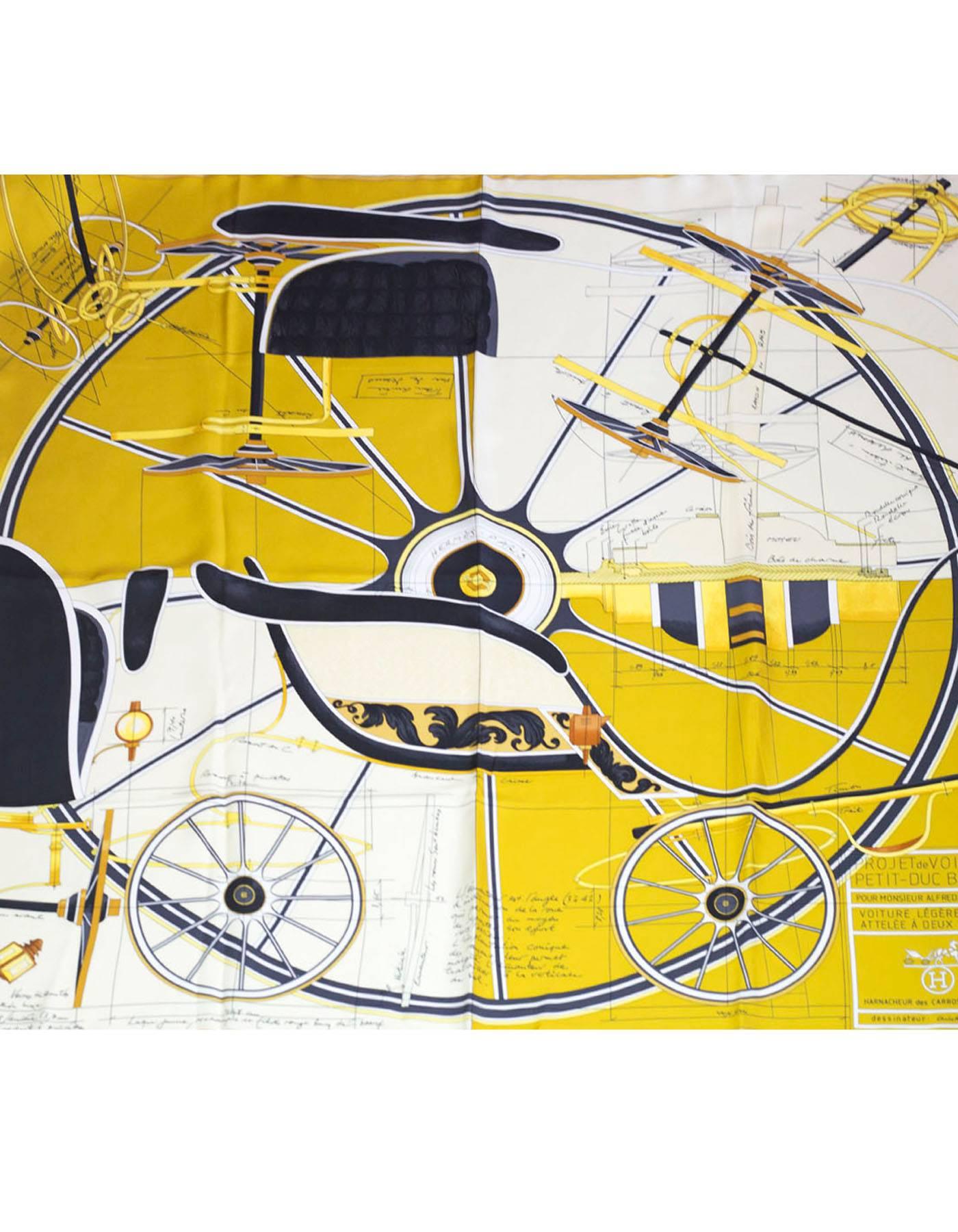 Hermes Project de Voiture Petit-Duc Bateau 90cm Silk Scarf
Features script and wheels printed throughout

Made In: France
Color: Black, white, grey and yellow
Composition: 100% silk
Retail Price: $395 + tax
Overall Condition: Excellent pre-owned