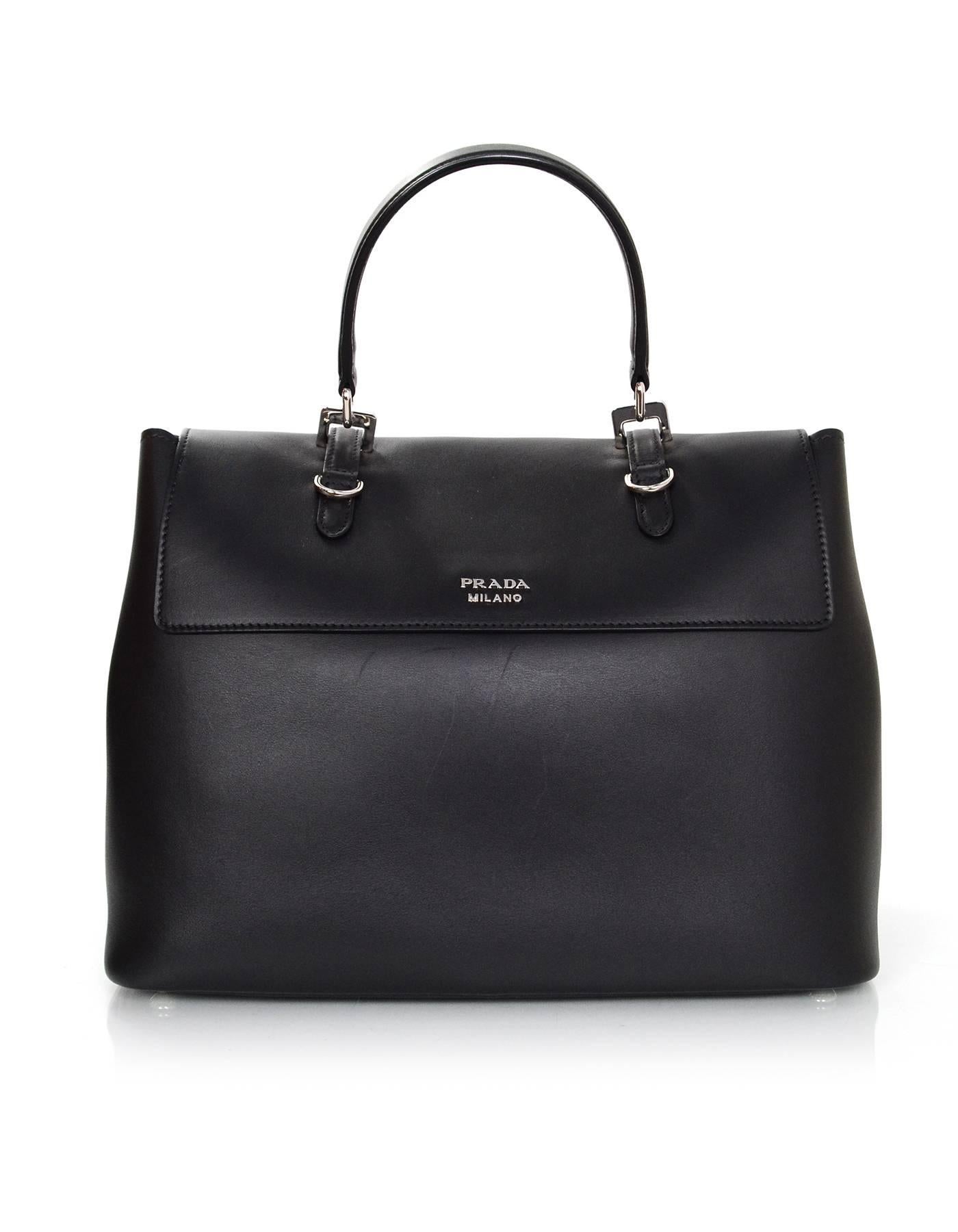 Women's Prada Black Calf Leather Pattina City Satchel Bag w/ Optional Strap 