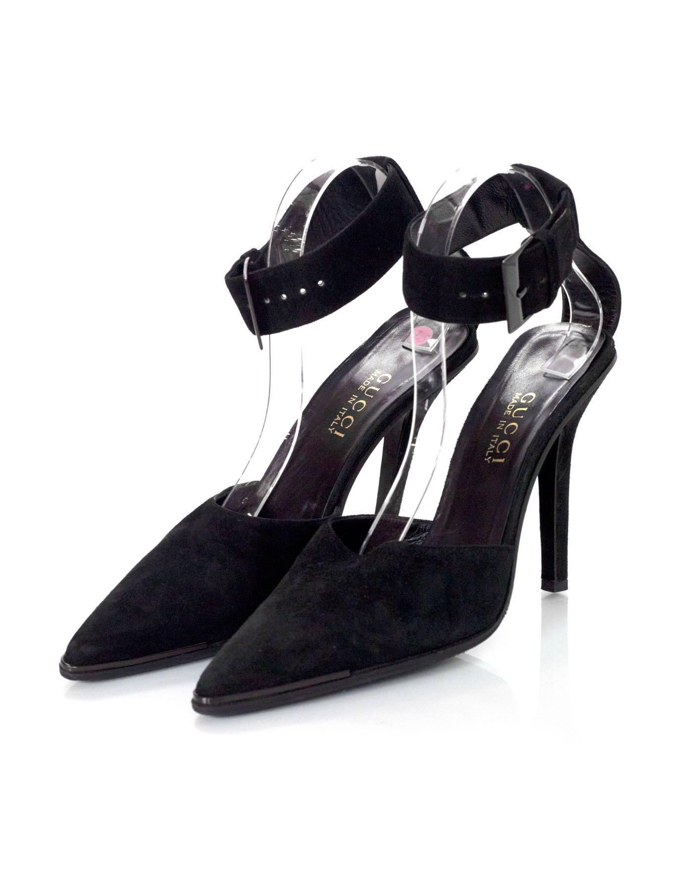 Gucci Black Suede Ankle Strap Pumps Sz 37.5 In Good Condition In New York, NY