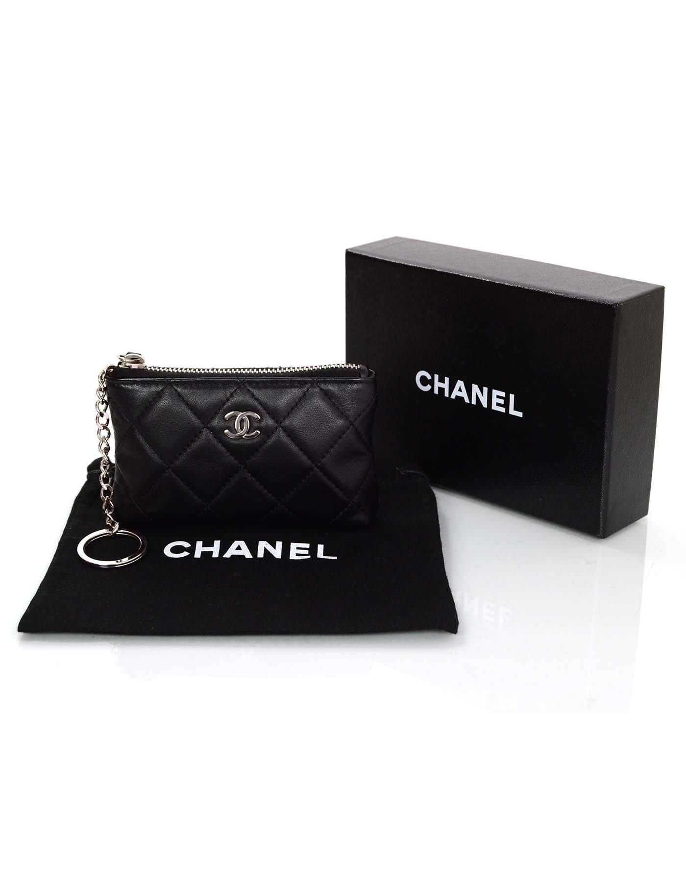 Chanel Black Lambskin Leather Quilted Coin Purse Key Ring 2