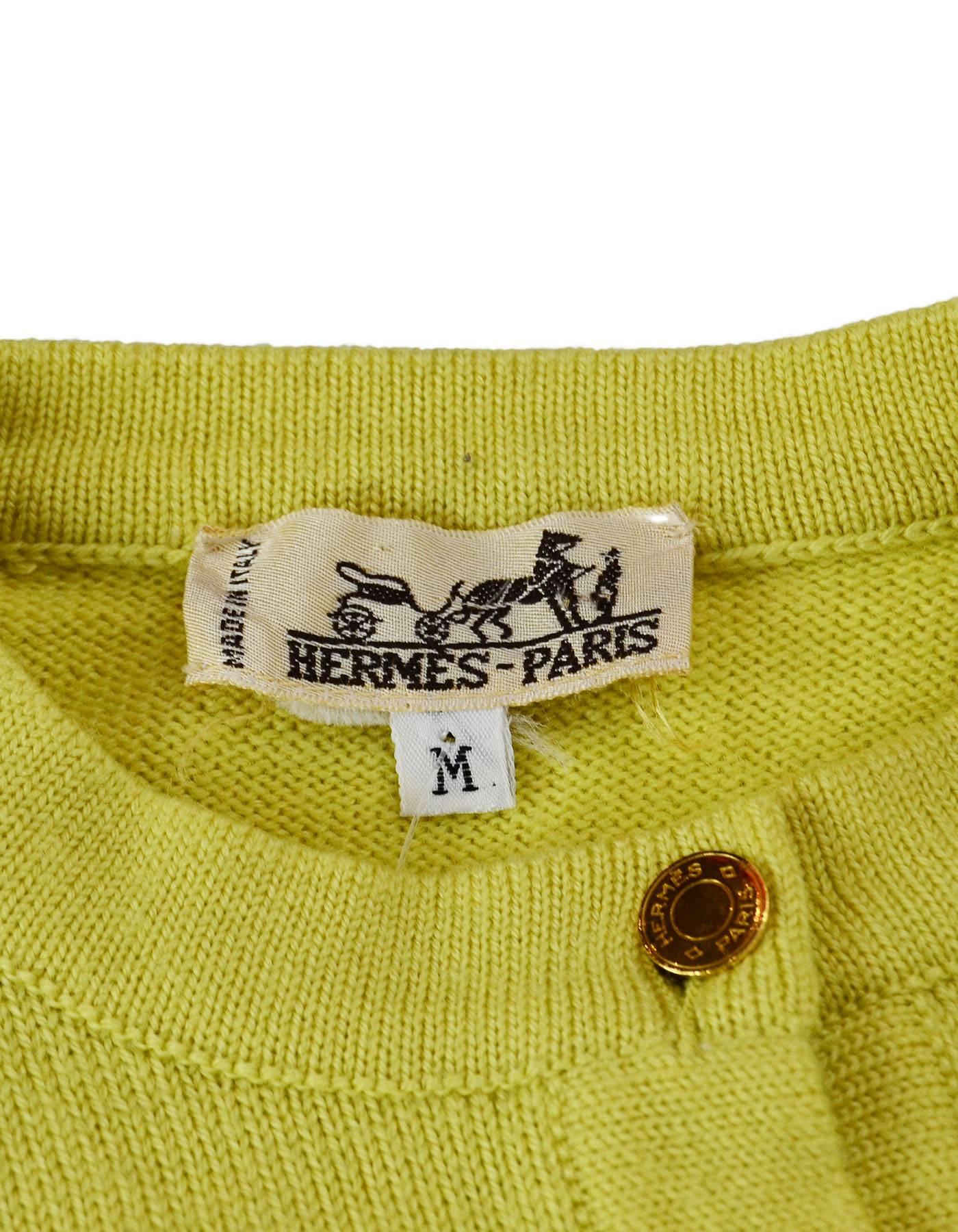 Women's Hermes Yellow Chartruse Sleevess Button-Up Sweater Sz M