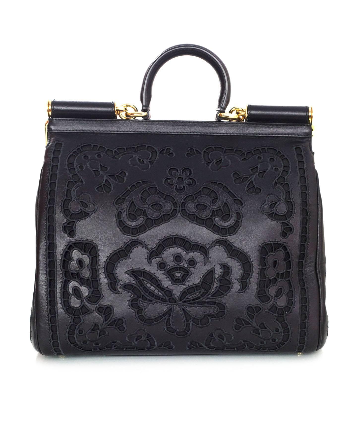 Dolce & Gabbana Black Laser Cut Lace Miss Sicily Handle Bag In Excellent Condition In New York, NY