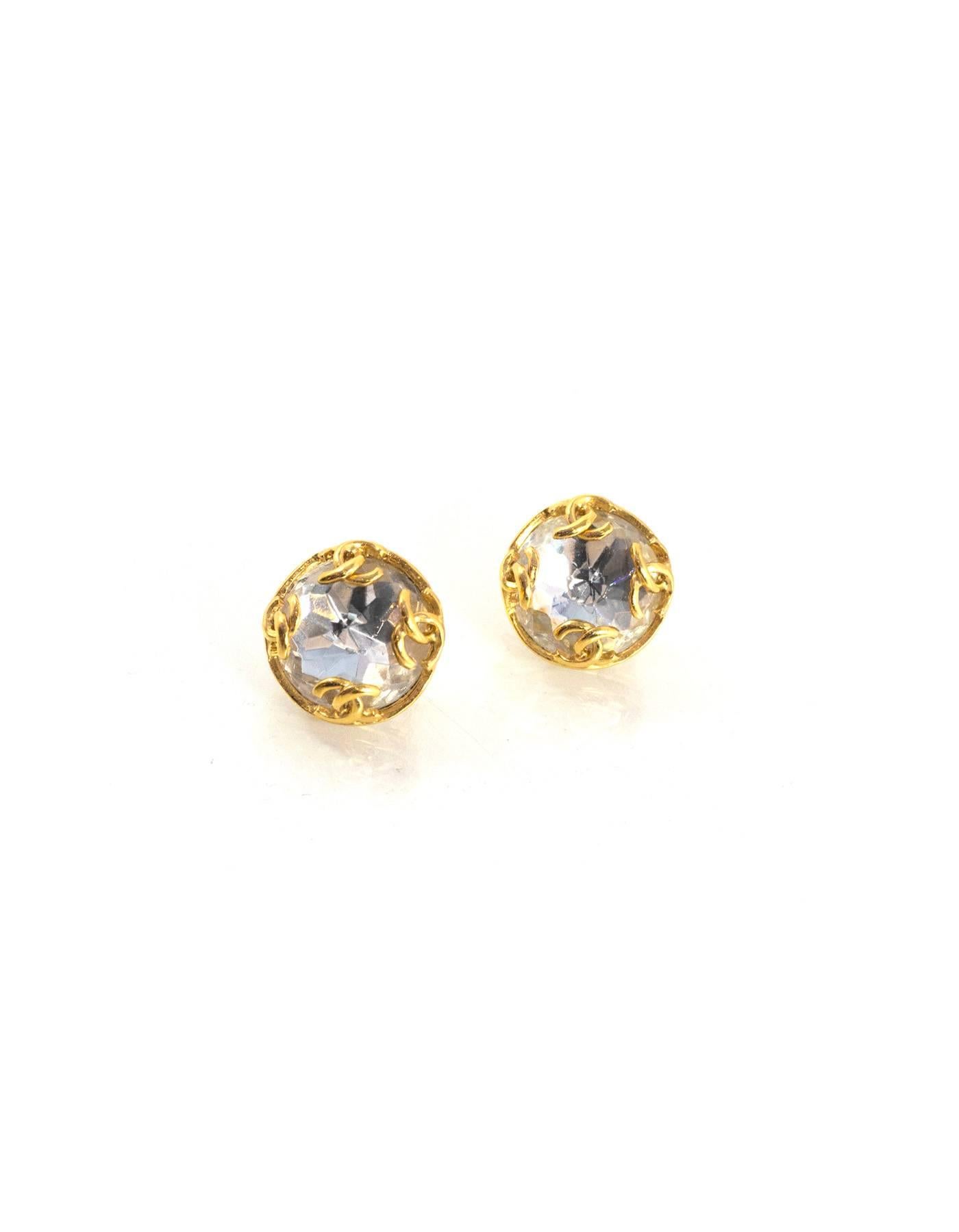 Chanel Vintage '95 Goldtone Crystal Clip On Earrings 

Made In: France
Year of Production: 1995
Color: Goldtone
Materials: Metal, crystal
Closure: Clip on
Stamp: 95 CC A
Overall Condition: Excellent vintage, pre-owned condition with the exception of