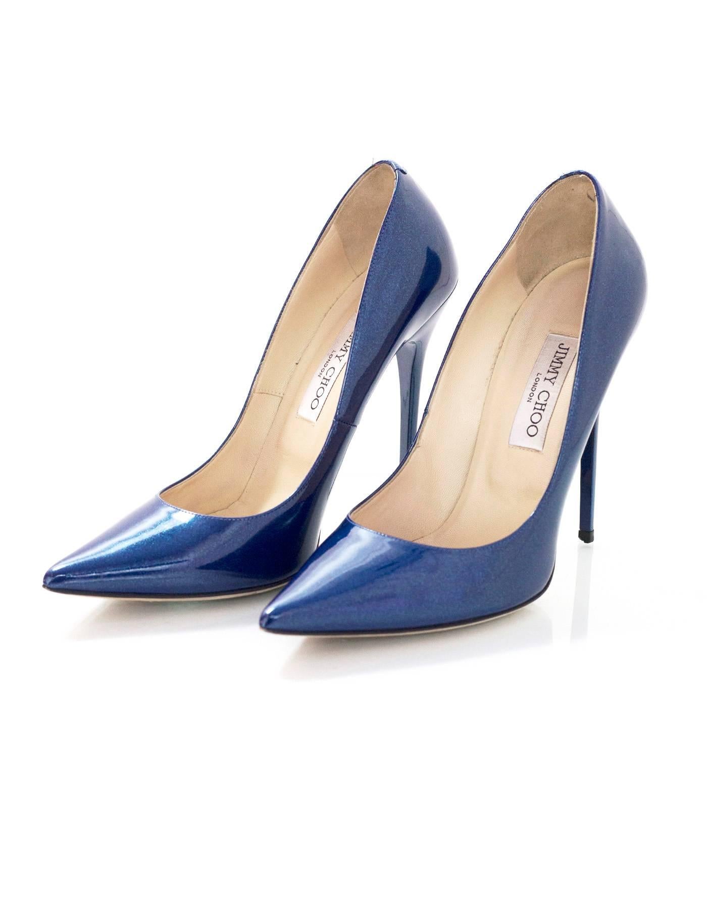 Jimmy Choo Blue Patent Glitter Leather Point Toe Pumps Sz 39.5 In Excellent Condition In New York, NY