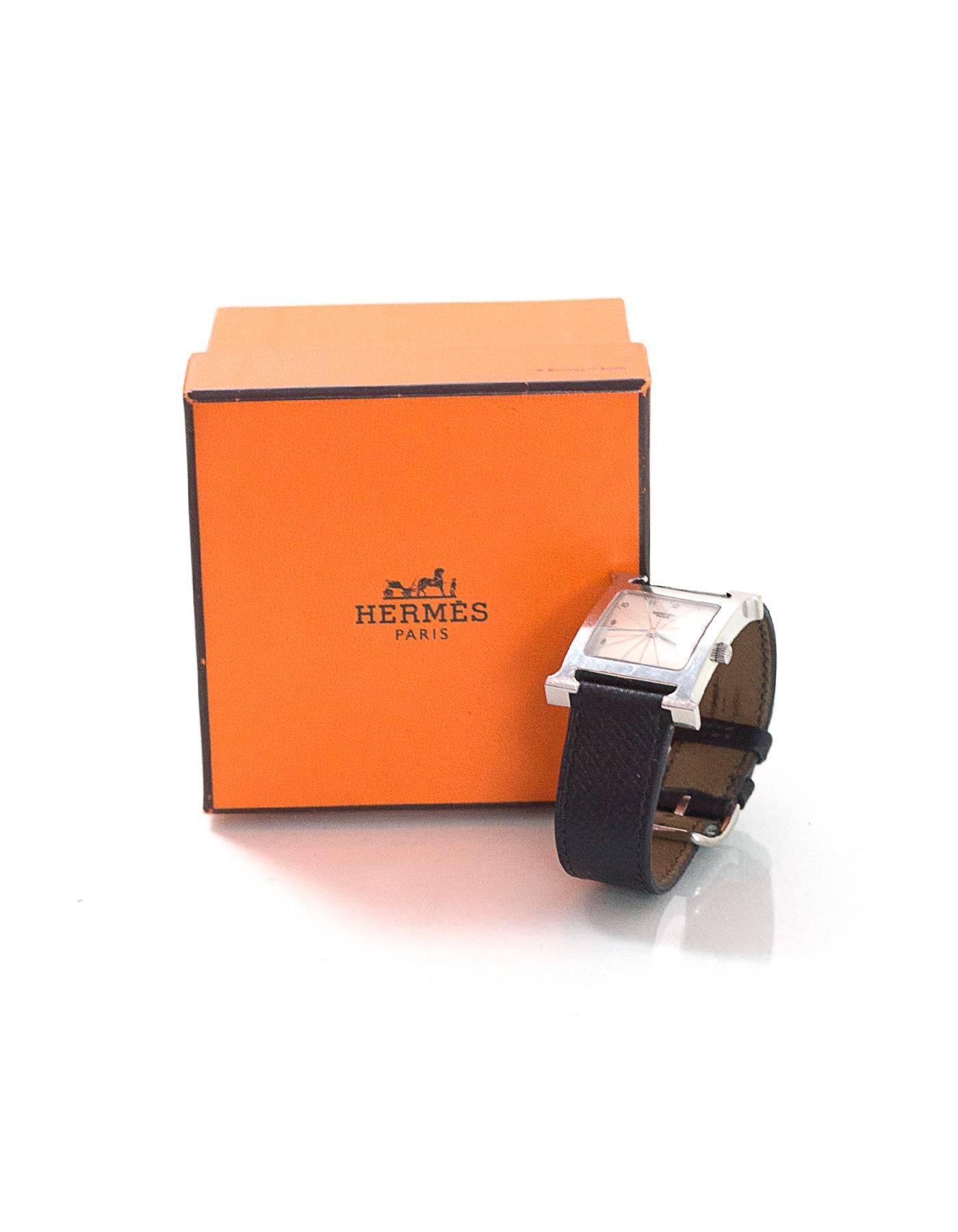 Hermes Black Leather/ Stainless Heure Hour H GM Watch with Box 3