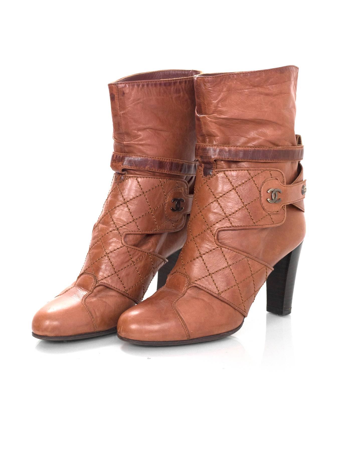 Brown Chanel Tan Leather Ankle Boots Sz 37