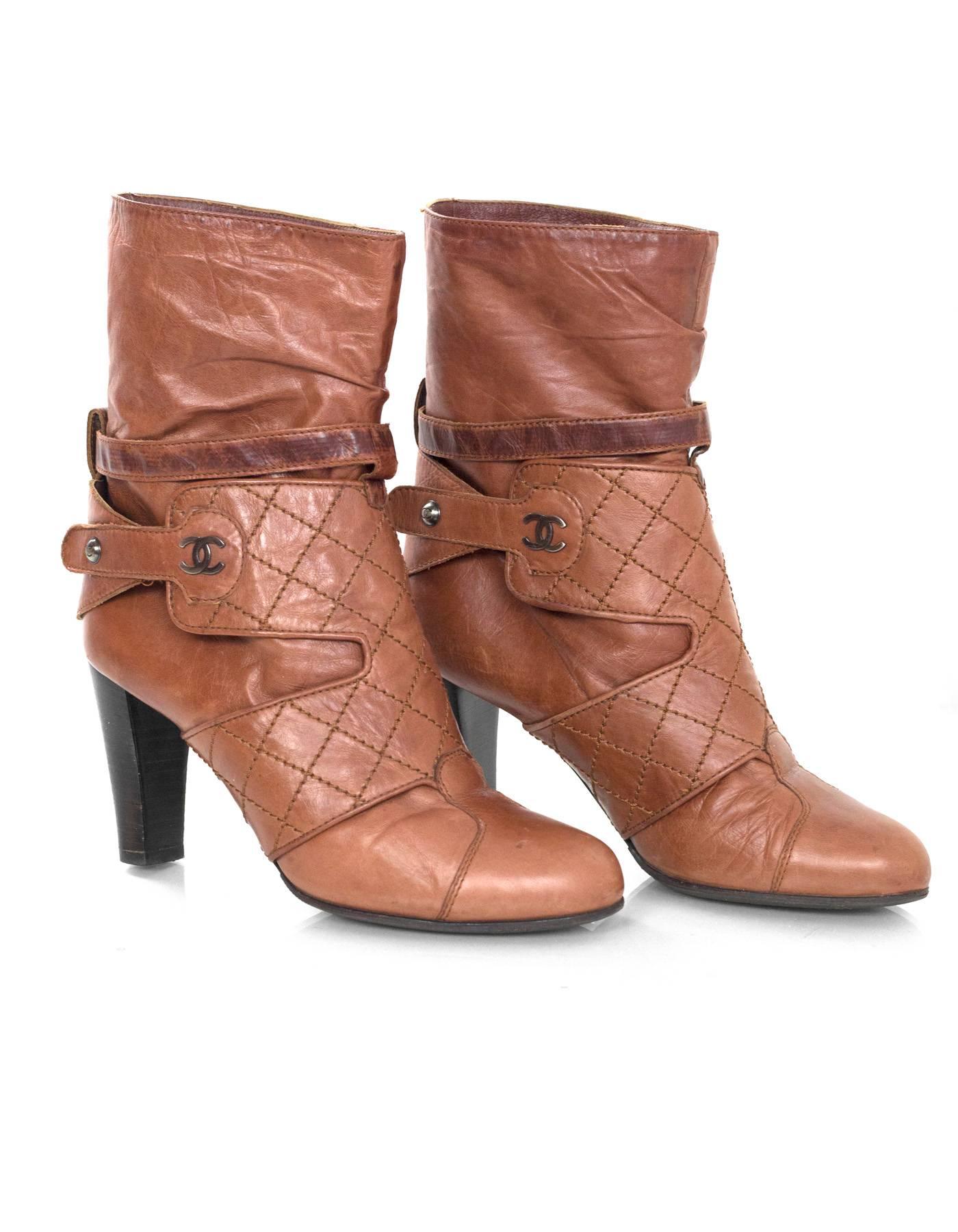 Women's Chanel Tan Leather Ankle Boots Sz 37