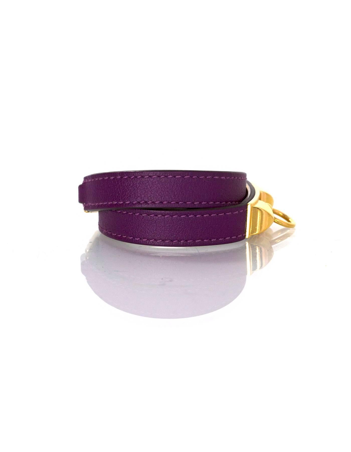 Hermes Purple Rivale Double Tour Bracelet Sz S

Made In: France
Year of Production: 2014
Color: Purple, gold
Hardware: Goldtone
Materials: Swift leather and metal
Closure: Hook clasp
Stamp: R stamp in square
Retail Price: $560 + tax
Overall