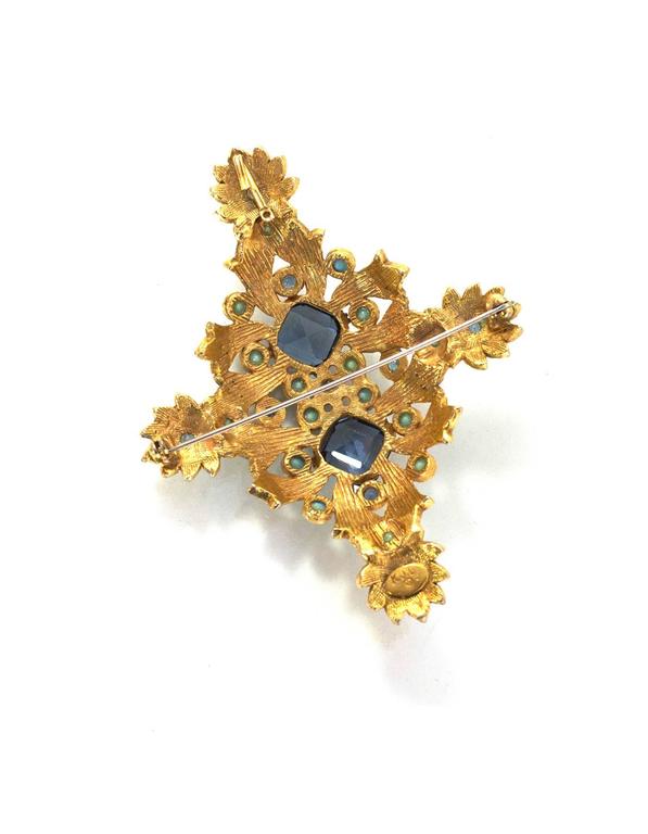 Kenneth Jay Lane Blue and Gold Crystal Brooch Pin For Sale at 1stDibs