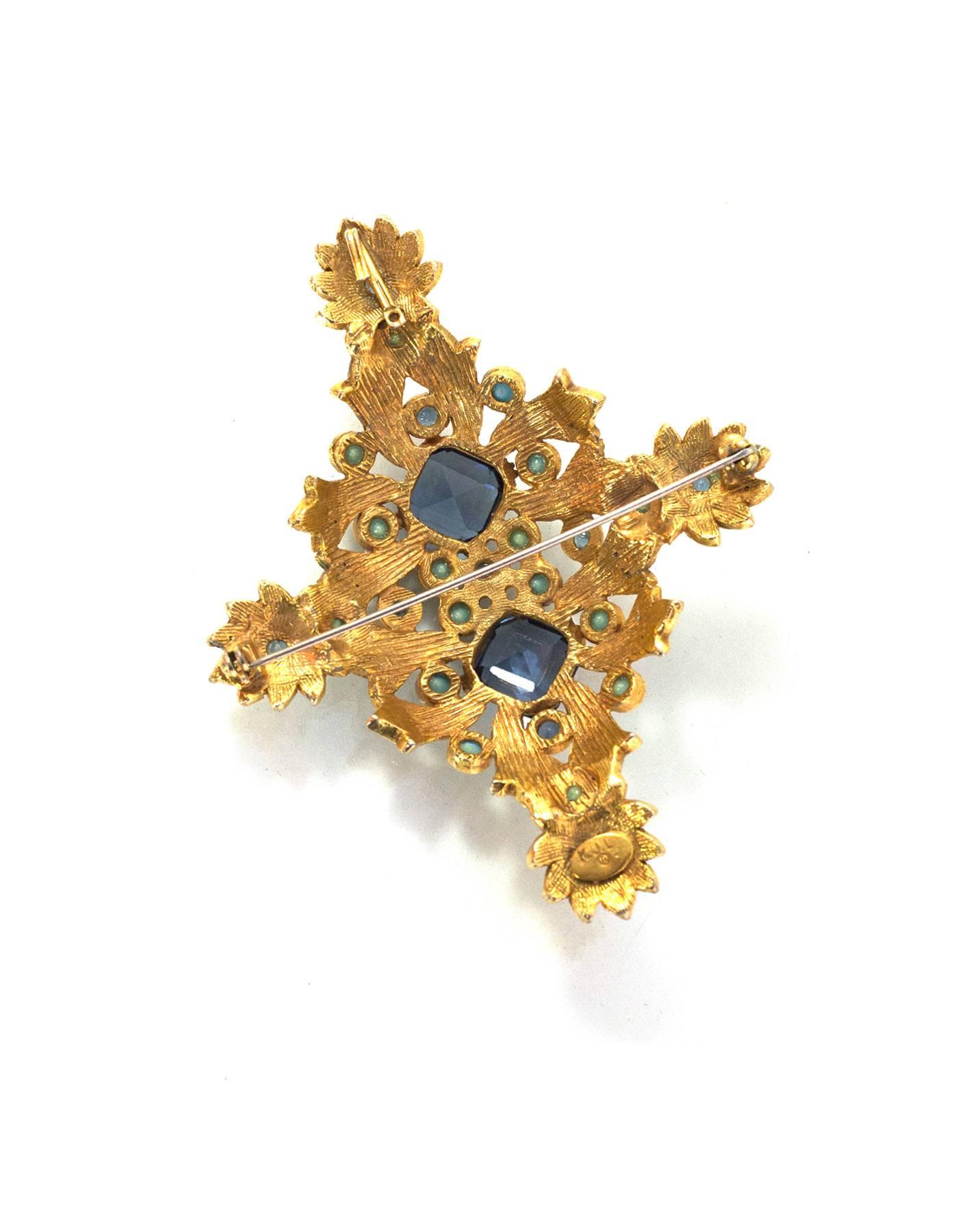 Kenneth Jay Lane Blue & Gold Crystal Brooch Pin In Excellent Condition In New York, NY