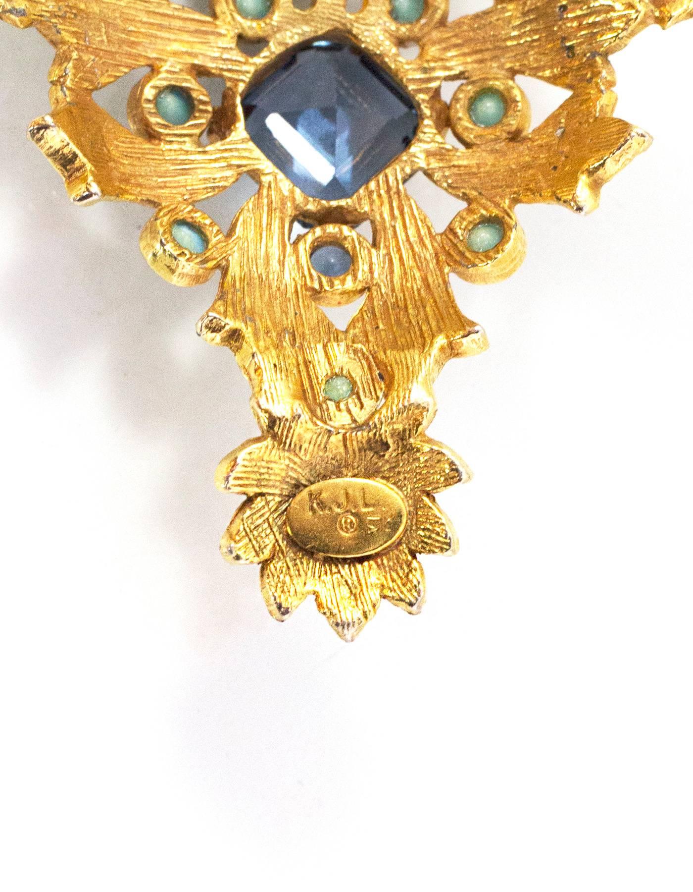 Kenneth Jay Lane Blue & Gold Crystal Brooch Pin 1