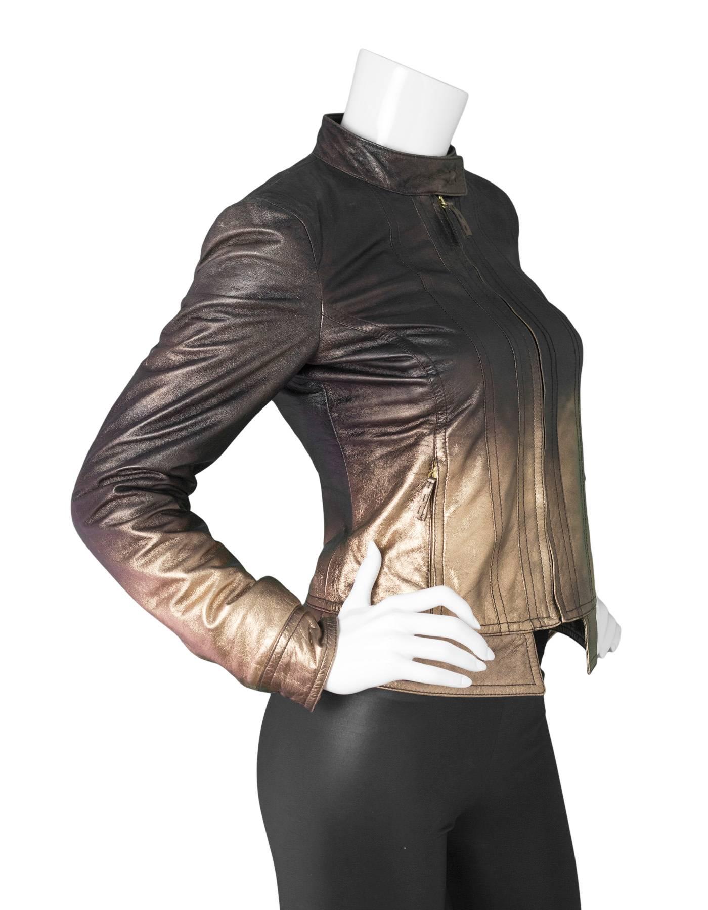 Black Roberto Cavalli Bronze Metallic Ombre Leather Jacket sz S