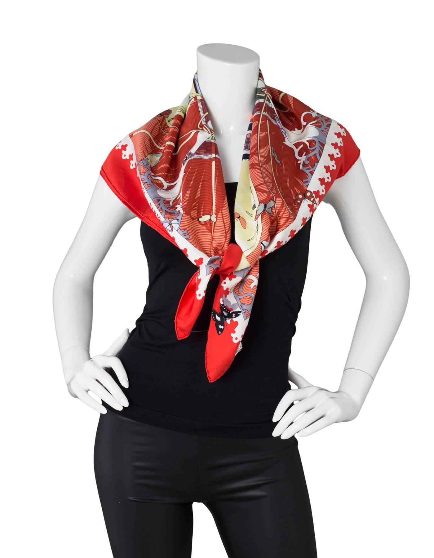 Hermes Varangues Silk 90cm Scarf

Made In: France
Color: Red, orange, white
Composition: 100% Silk
Retail Price: $395 + tax
Overall Condition: Very good pre-owned condition with the exception of small stains at corners
Included: Hermes
