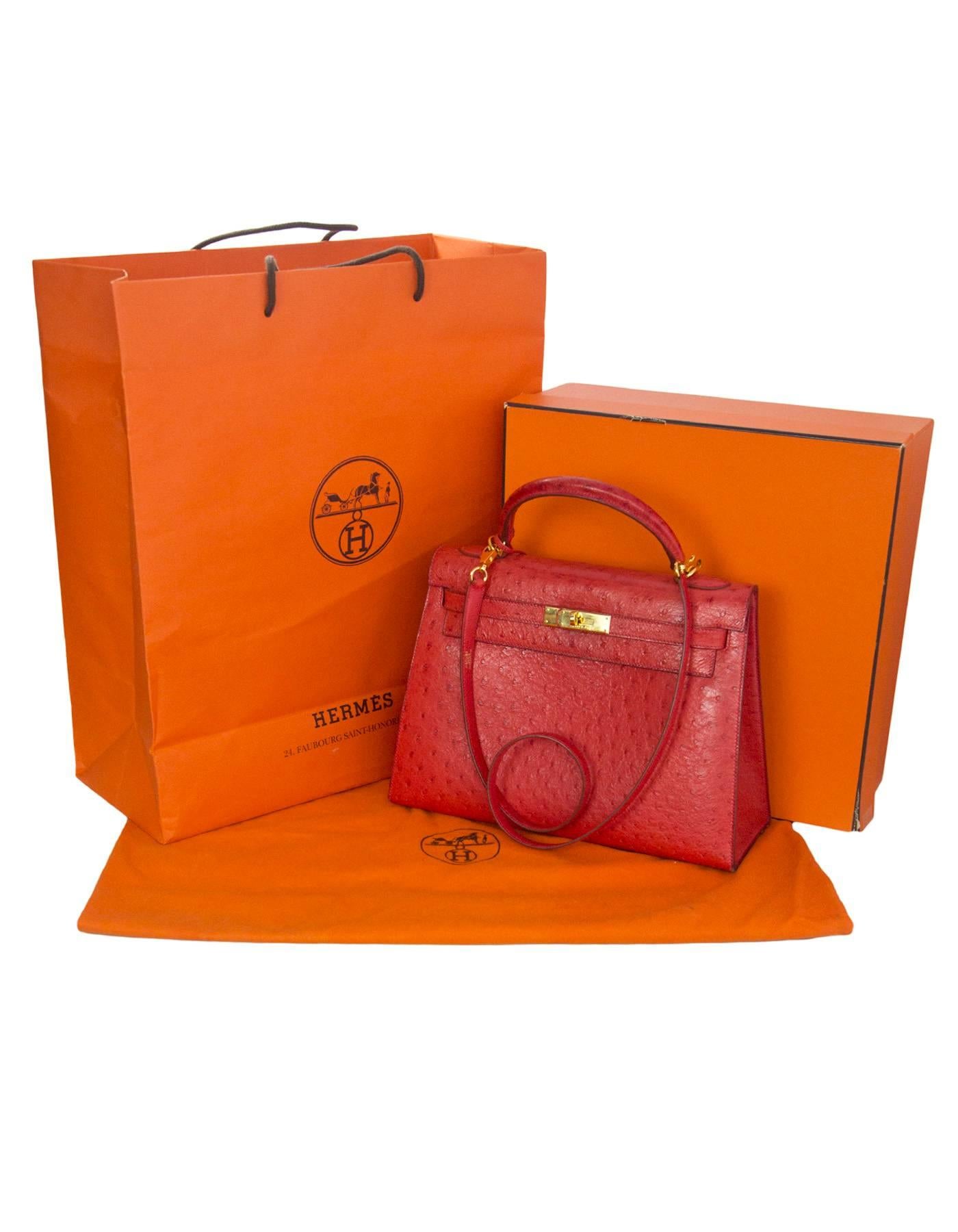 Hermes Red Ostrich Sellier Rigid 32cm Kelly Bag with GHW 6