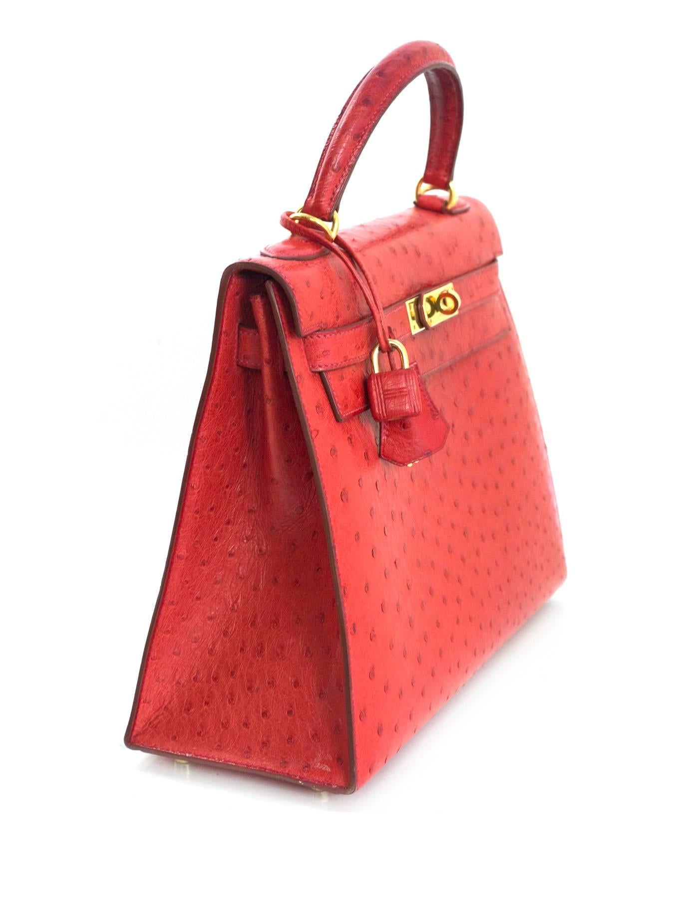 Hermes Red Ostrich Sellier Rigid 32cm Kelly Bag with GHW In Excellent Condition In New York, NY