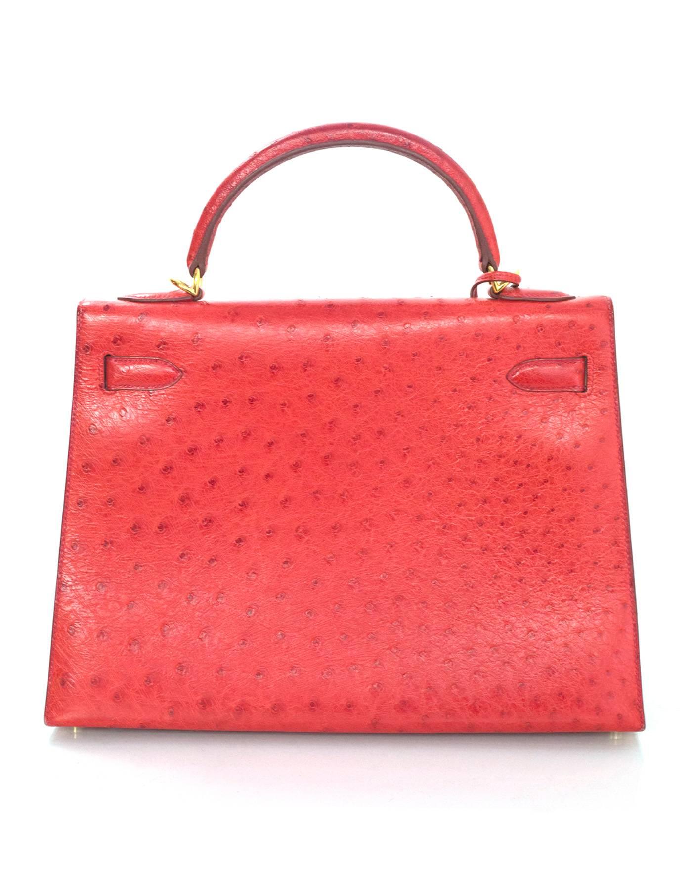 Women's Hermes Red Ostrich Sellier Rigid 32cm Kelly Bag with GHW