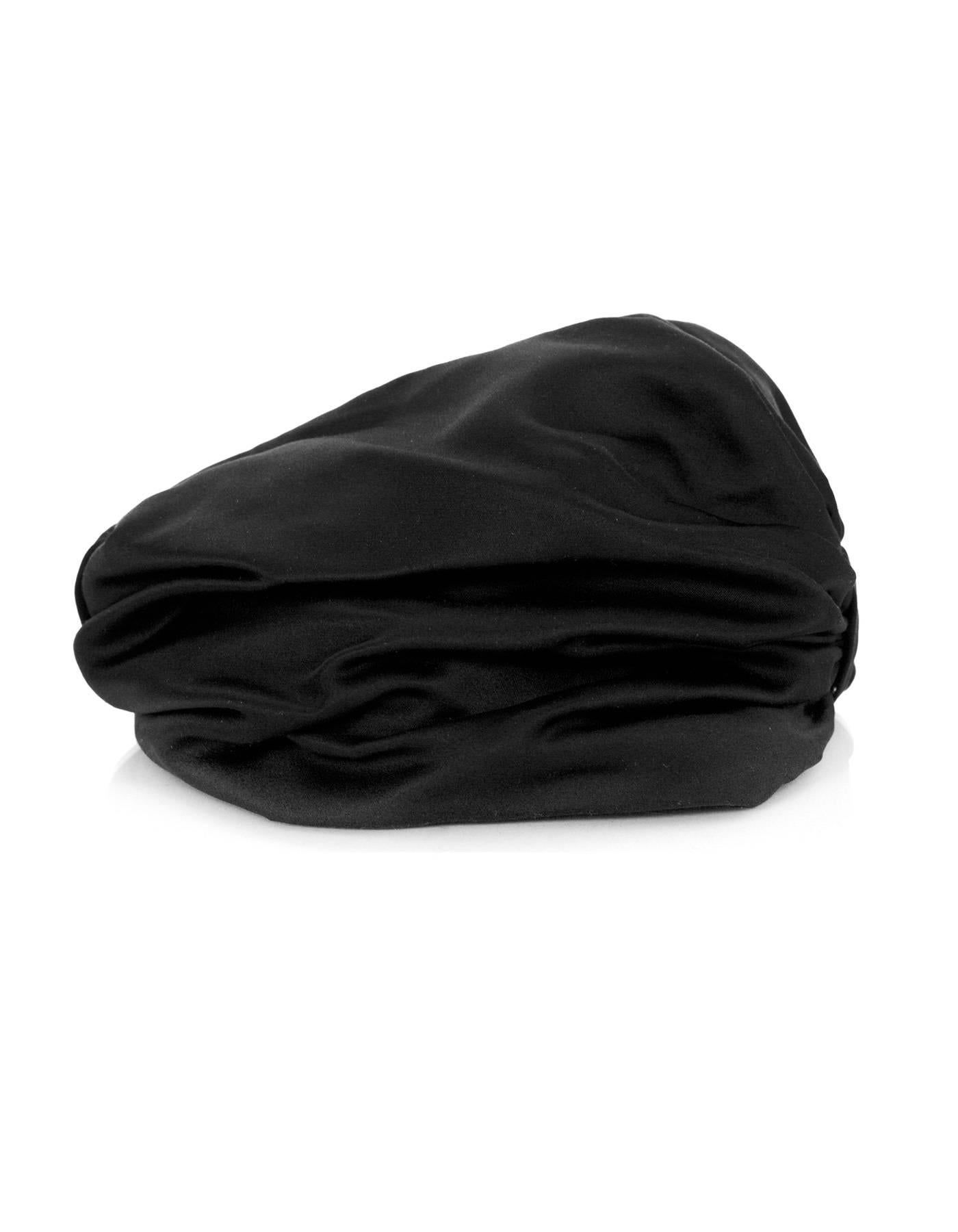 Jennifer Behr Black Satin Turban 
Color: Black
Materials: Satin-silk blend
Retail Price: $495 + tax

Overall Condition: Excellent pre-owned condition.  Light moth ball odor
Hat Size: Large (EU 58/US 7.25)
Diameter: 7.25
Circumference: 22.75"