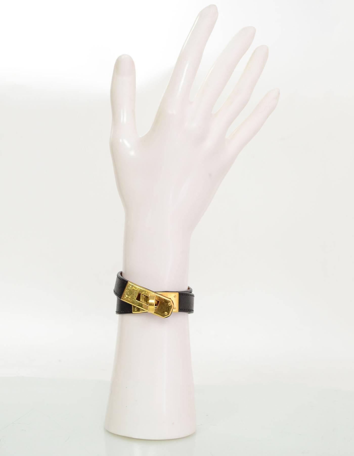 Hermes Black Leather & Goldtone Kelly Double Tour Wrap Bracelet sz XS 1