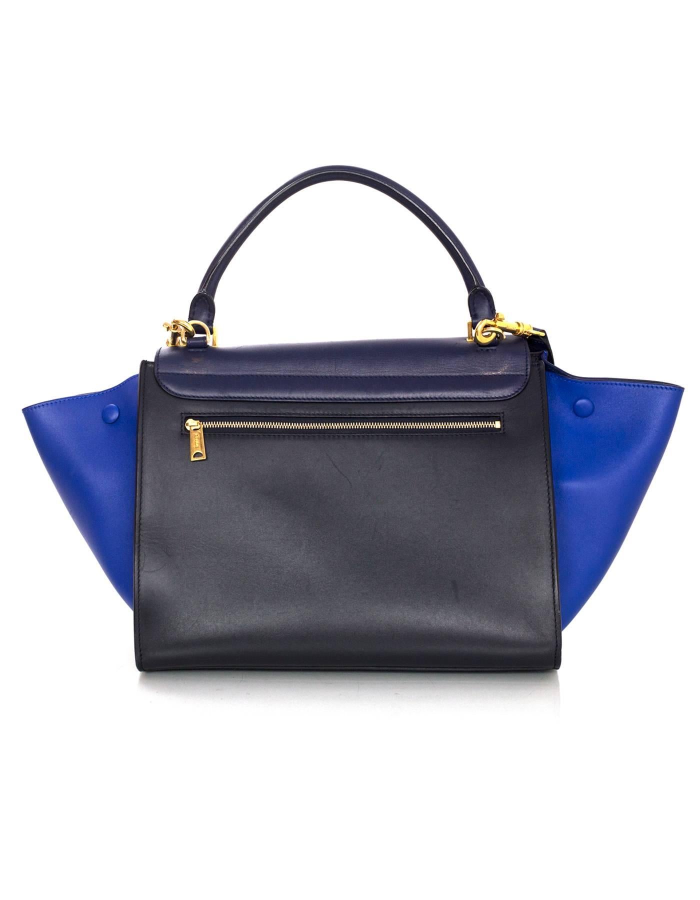 Purple Celine Blue/Black/Navy Tri-Color Leather Medium Trapeze Bag w/ Strap