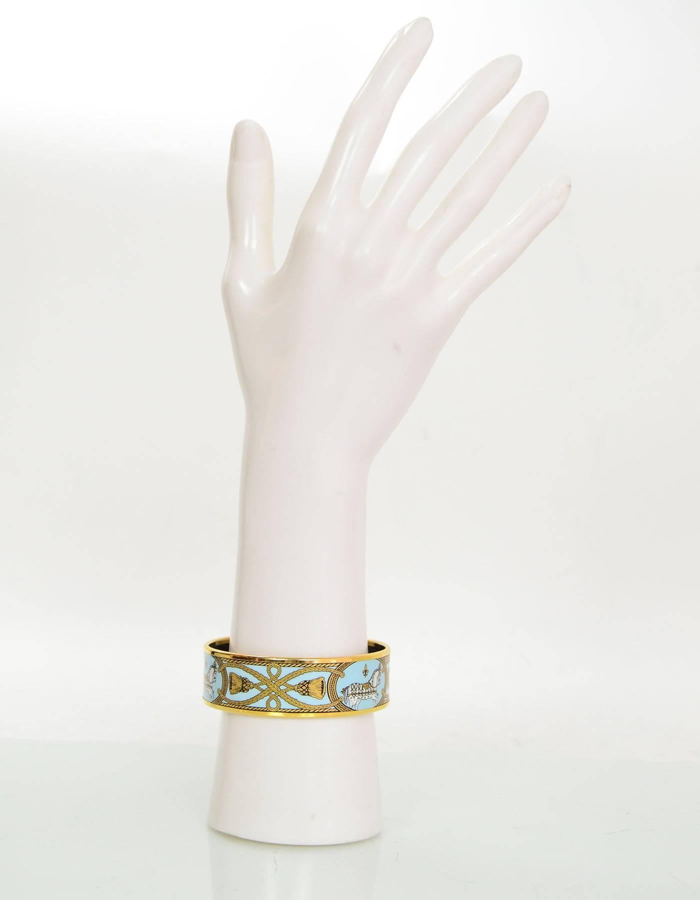Hermes Blue and Gold Cloisonne Horse & Tassel Wide Enamel Bangle Bracelet sz 65 In Excellent Condition In New York, NY