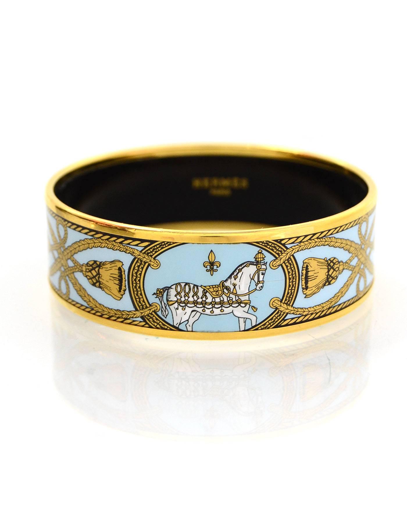 Women's Hermes Blue and Gold Cloisonne Horse & Tassel Wide Enamel Bangle Bracelet sz 65