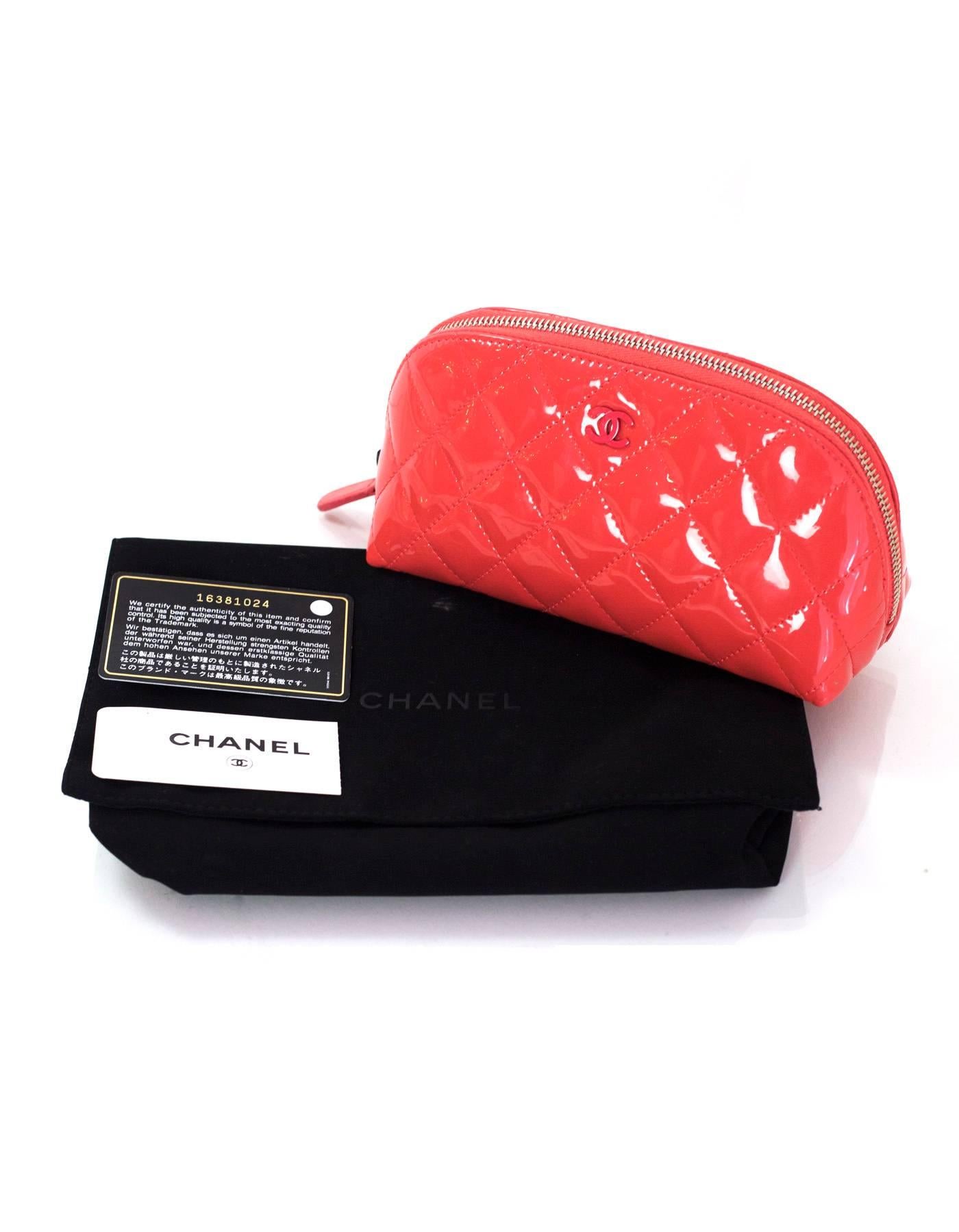 Chanel Coral Pink Patent Leather Quilted Cosmetic Case/Makeup Bag 3