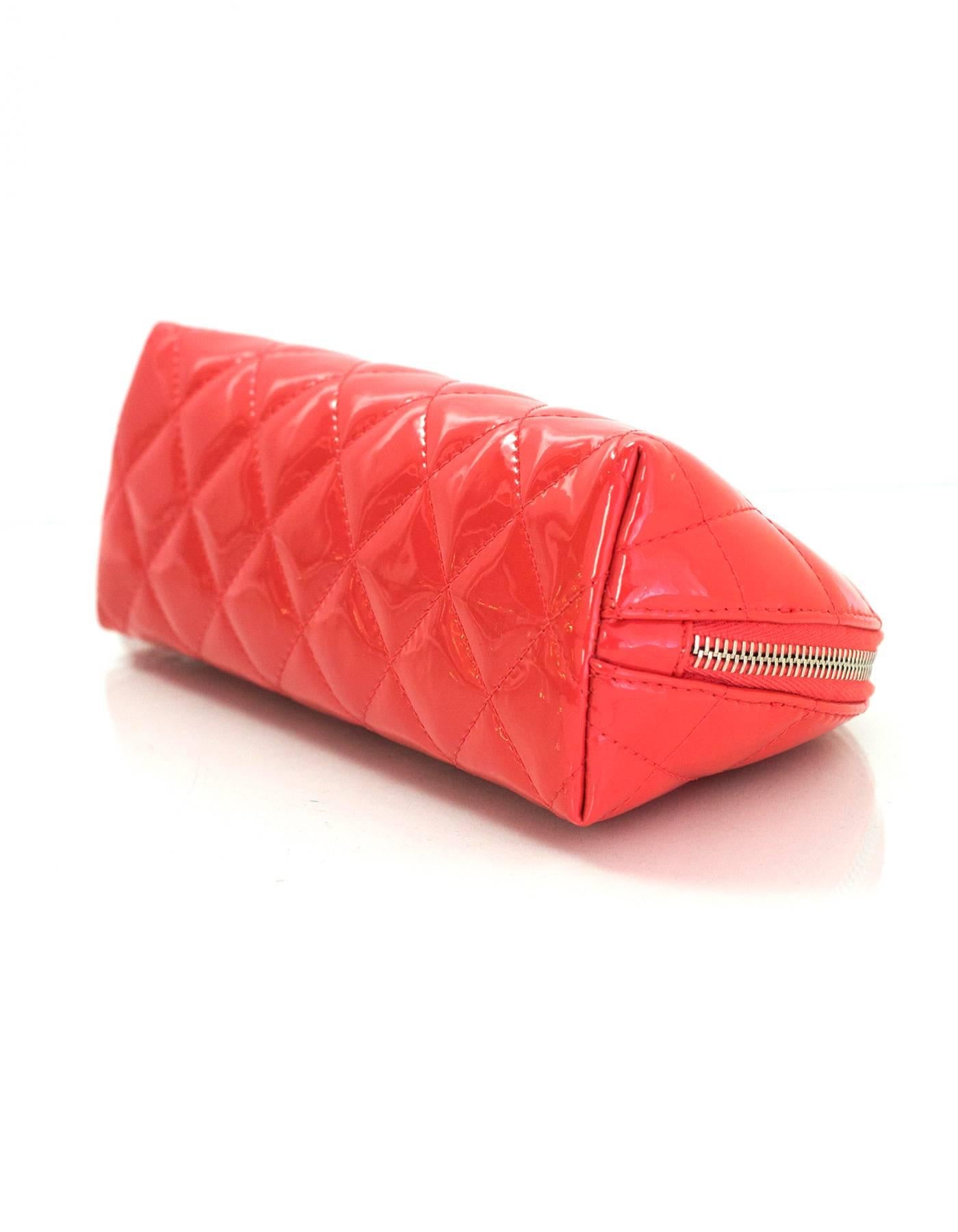 Chanel Coral Pink Patent Leather Quilted Cosmetic Case/Makeup Bag In Excellent Condition In New York, NY