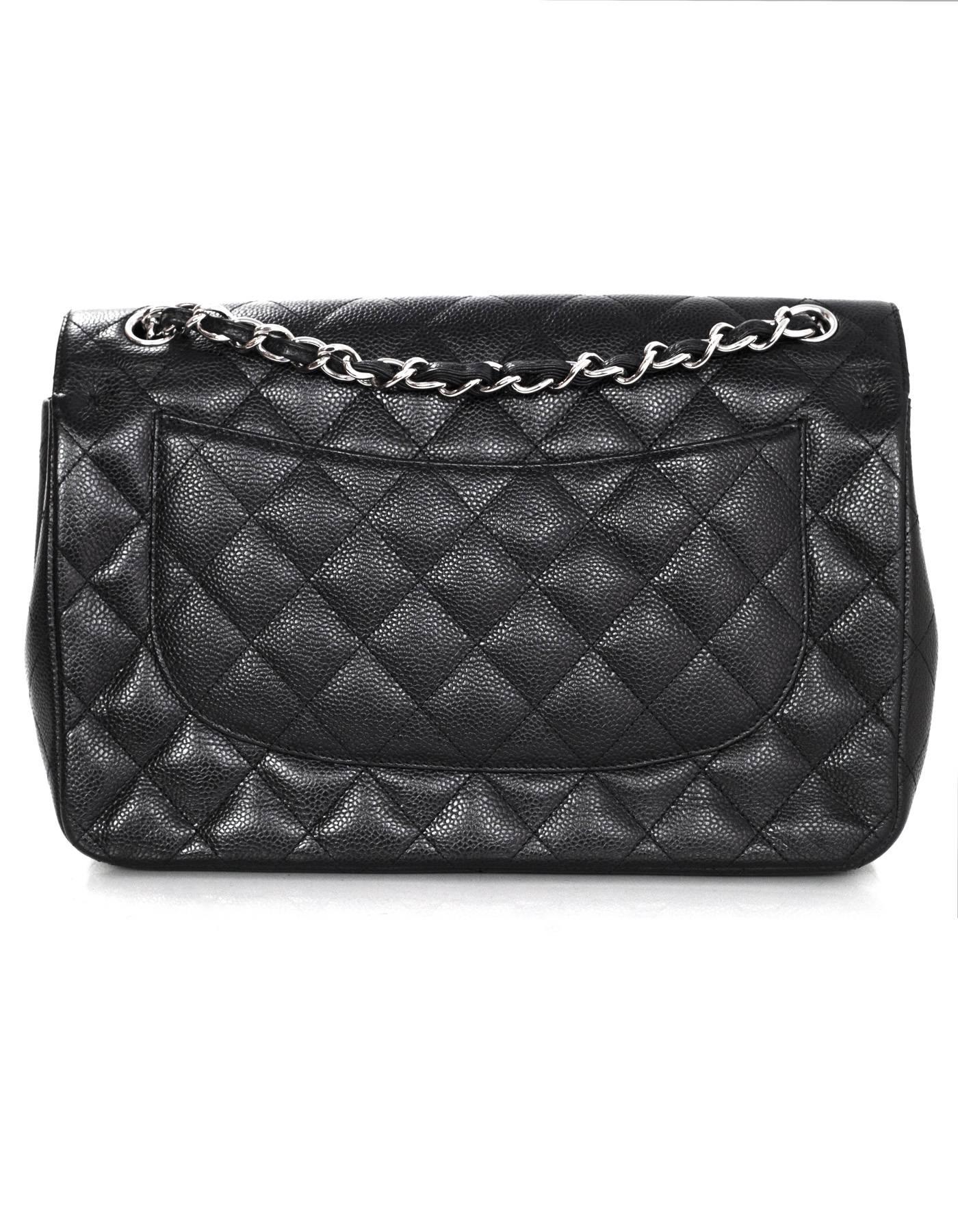 Chanel Black Caviar Leather Quilted Double Flap Jumbo Bag with SHW rt. $5, 900 In Excellent Condition In New York, NY