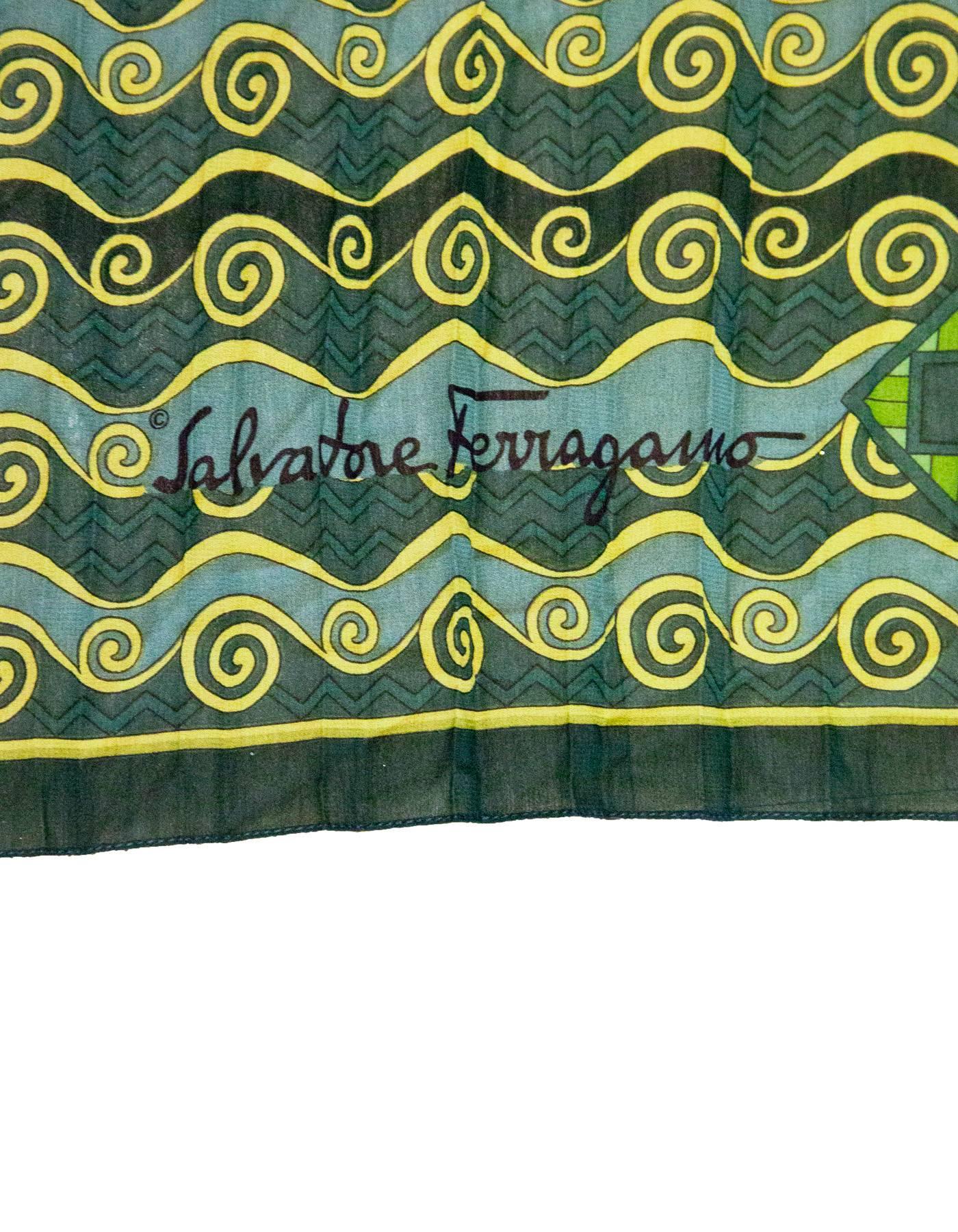 Gray Salvatore Ferragamo Green & Gold Micro Pleated Silk Scarf