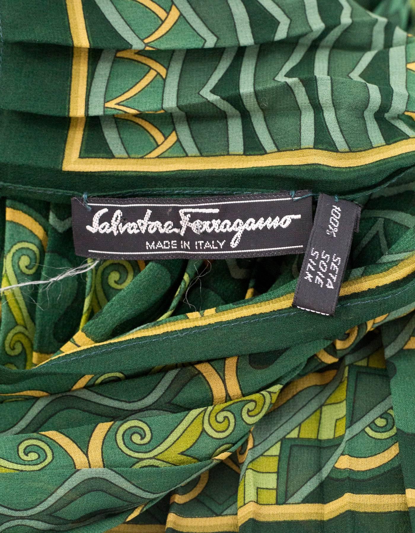 Salvatore Ferragamo Green & Gold Micro Pleated Silk Scarf In Excellent Condition In New York, NY