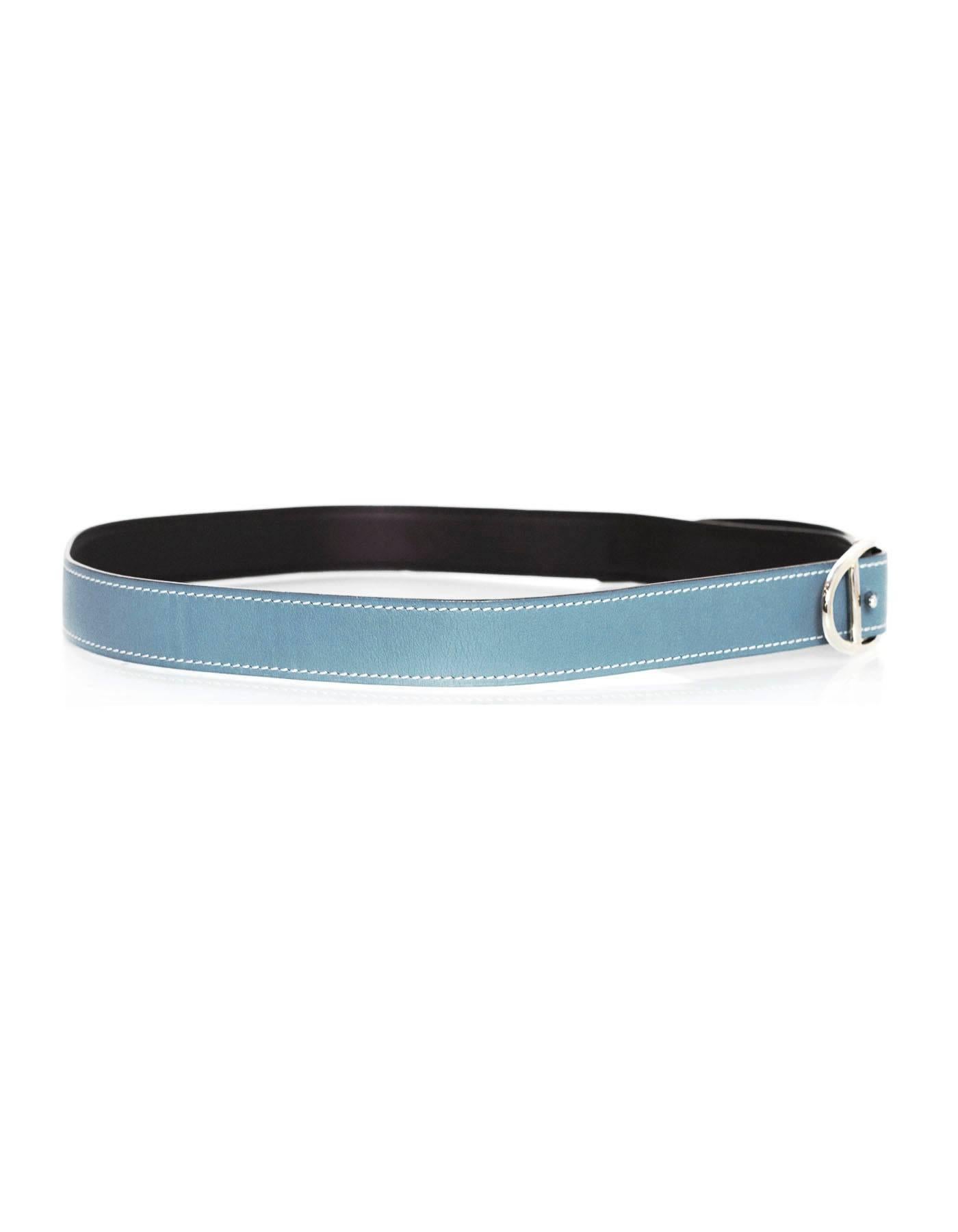 Hermes Blue Jean Leather Chaine d'Ancre Belt 
Features cream contrast stitching

Made In: France
Year of Production: 2006
Color: Blue Jean (baby blue) and dark brown
Hardware: Palladium
Materials: Leather and metal
Closure/Opening: Buckle and notch