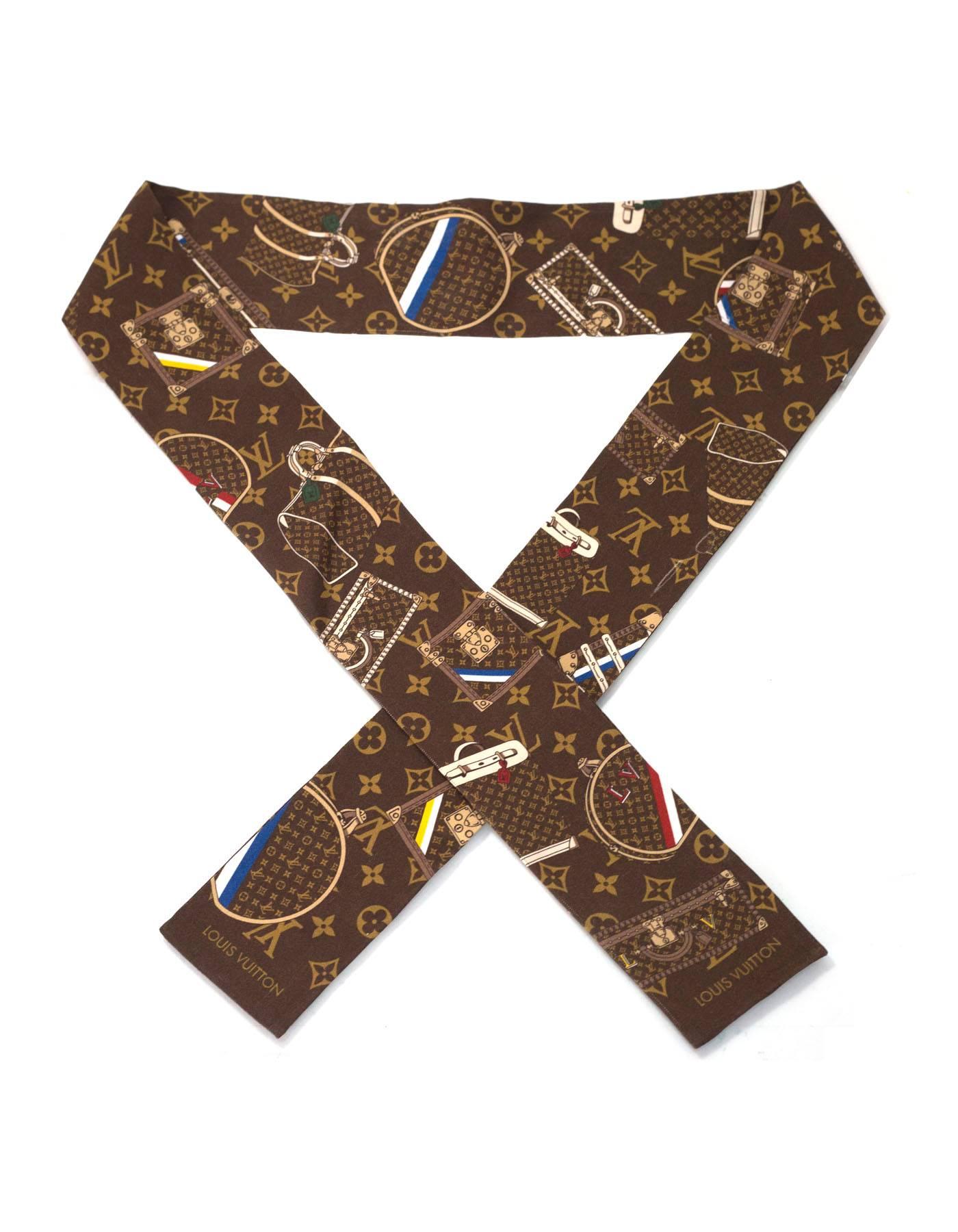 Louis Vuitton Monogram Trunks Bandeau Silk Scarf
Features  different Louis Vuitton trunks printed throughout

Color: Brown, beige, blue, red yelow and green
Composition: Not given- believed to be 100% silk
Overall Condition: Excellent pre-owned