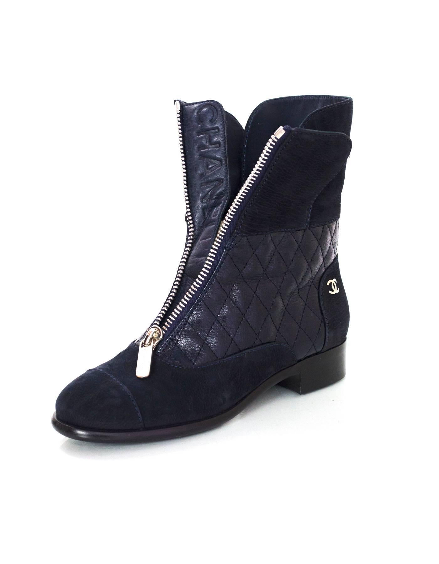 Black Chanel Navy Suede & Quilted Leather Zip Front Boots sz 37
