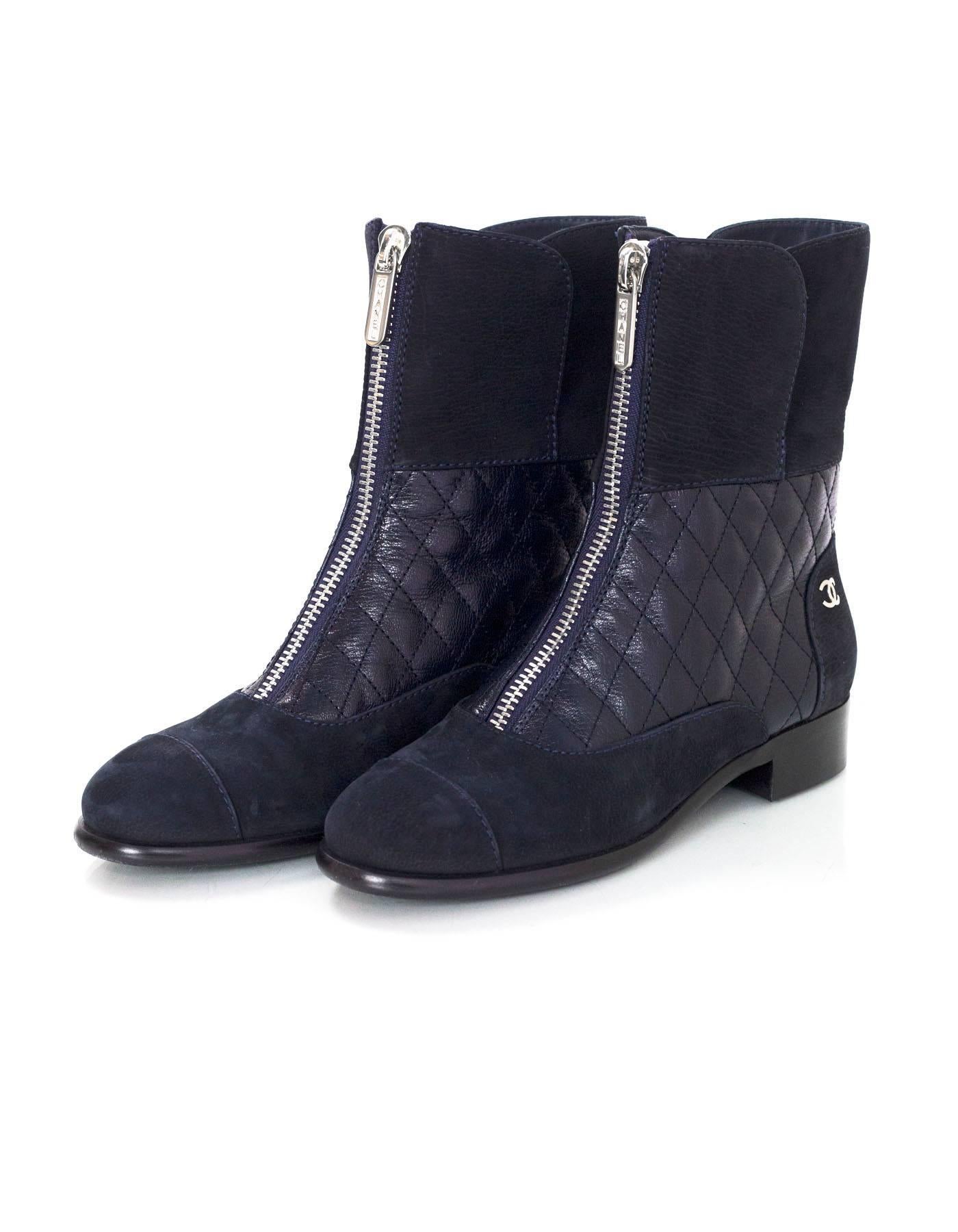 Chanel Navy Suede & Quilted Leather Zip Front Boots sz 37 In Excellent Condition In New York, NY