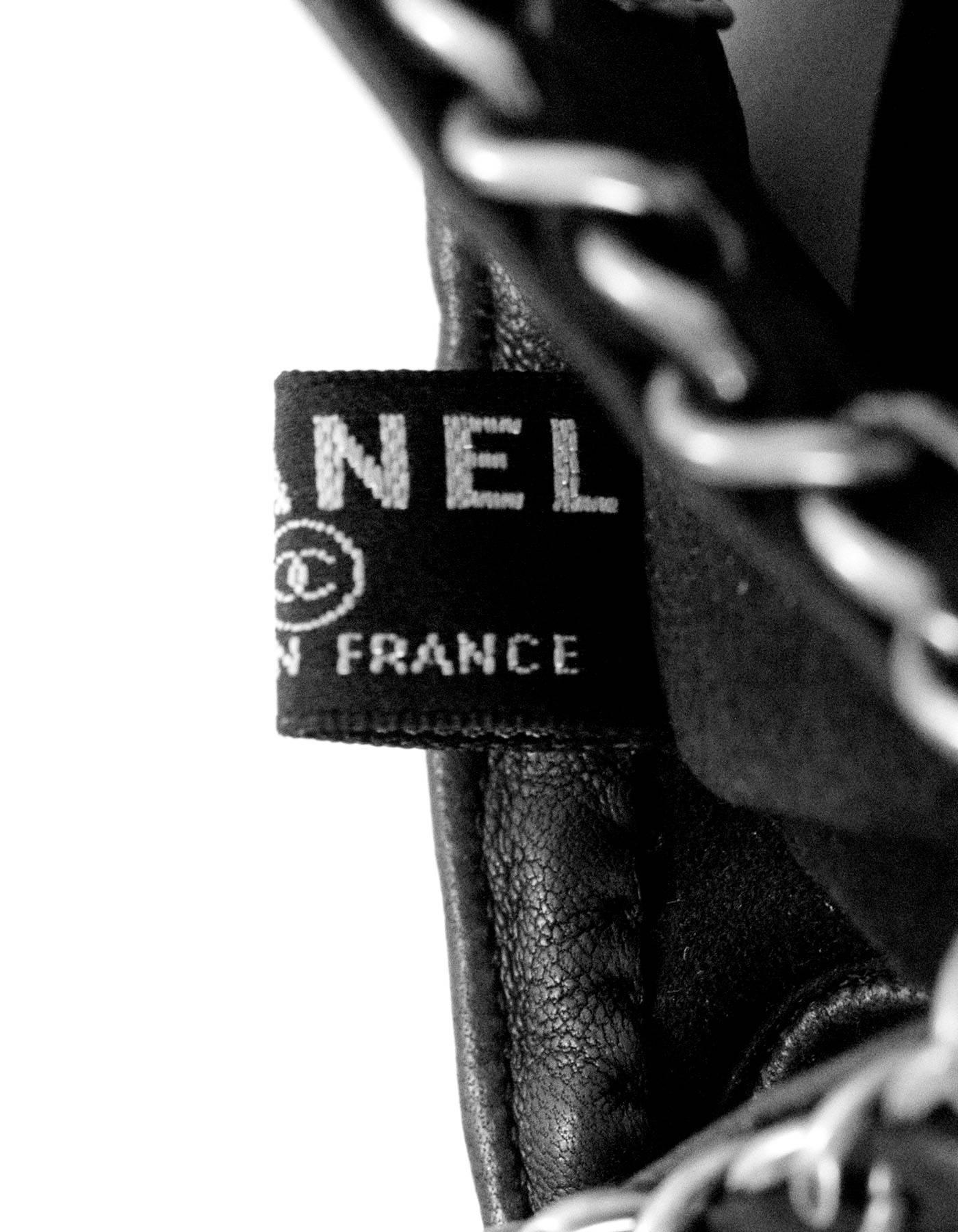 Chanel Black Leather Chain Around Finger-less Gloves Sz 7 2