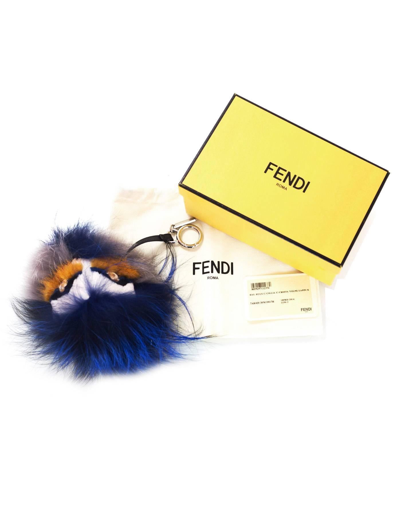 Fendi Blue and White Mink & Fox Fur Bag Bug Charm w/ Crystal Eyes 1