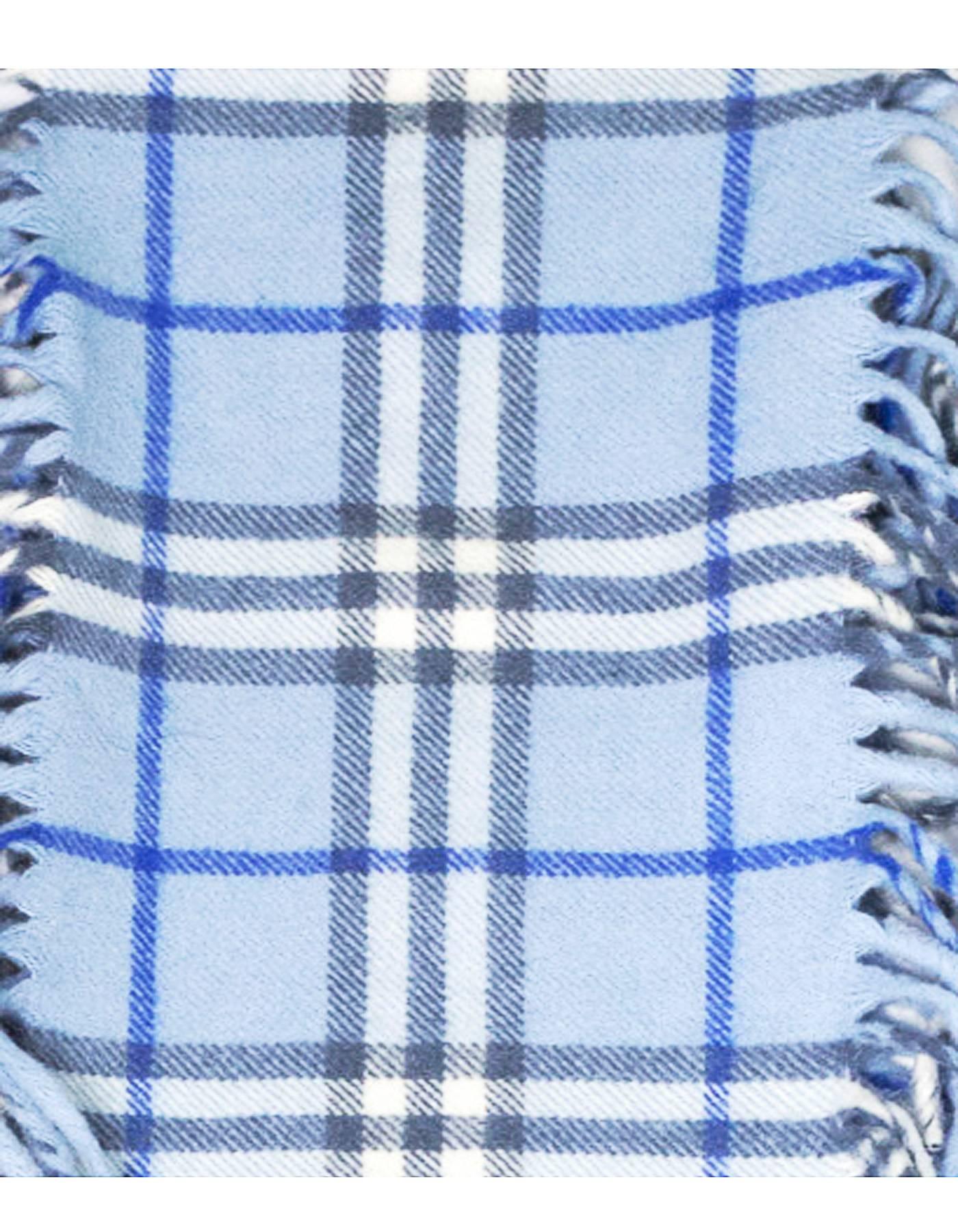 Burberry Blue Cashmere Nova Check Happy Scarf
Features fringe trim

Made In: England
Color: Blue
Composition: 100% Cashmere
Overall Condition: Excellent pre-owned condition with the exception of light wear at fringe
Measurements: 
Length: