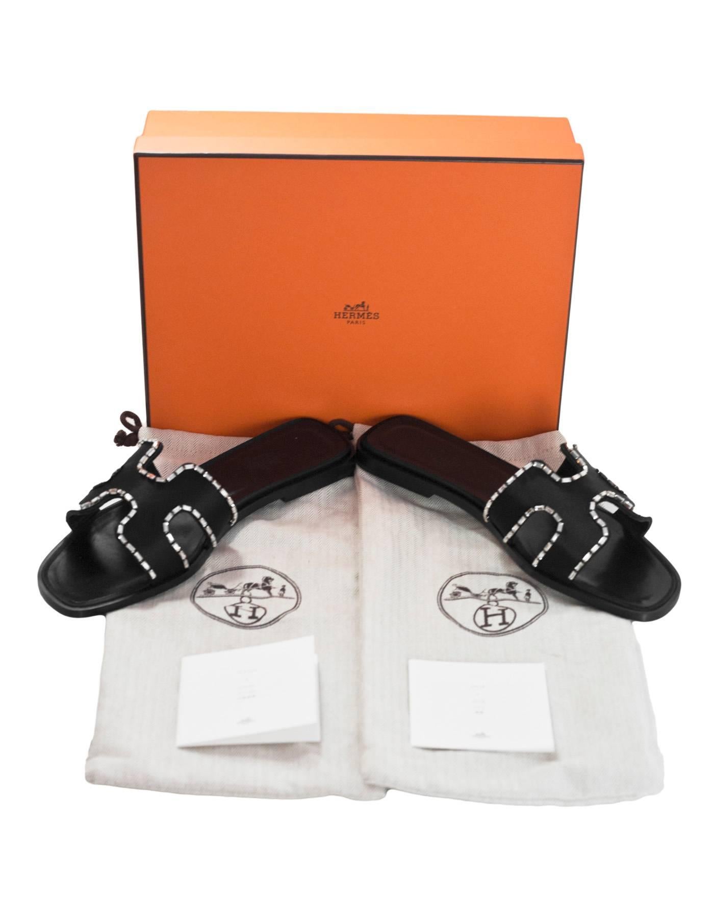Hermes NEW IN BOX Black Satin and Strass Crystal Oran H Slide Sandals Sz39 1