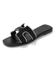 Hermes NEW IN BOX Black Satin and Strass Crystal Oran H Slide Sandals Sz39