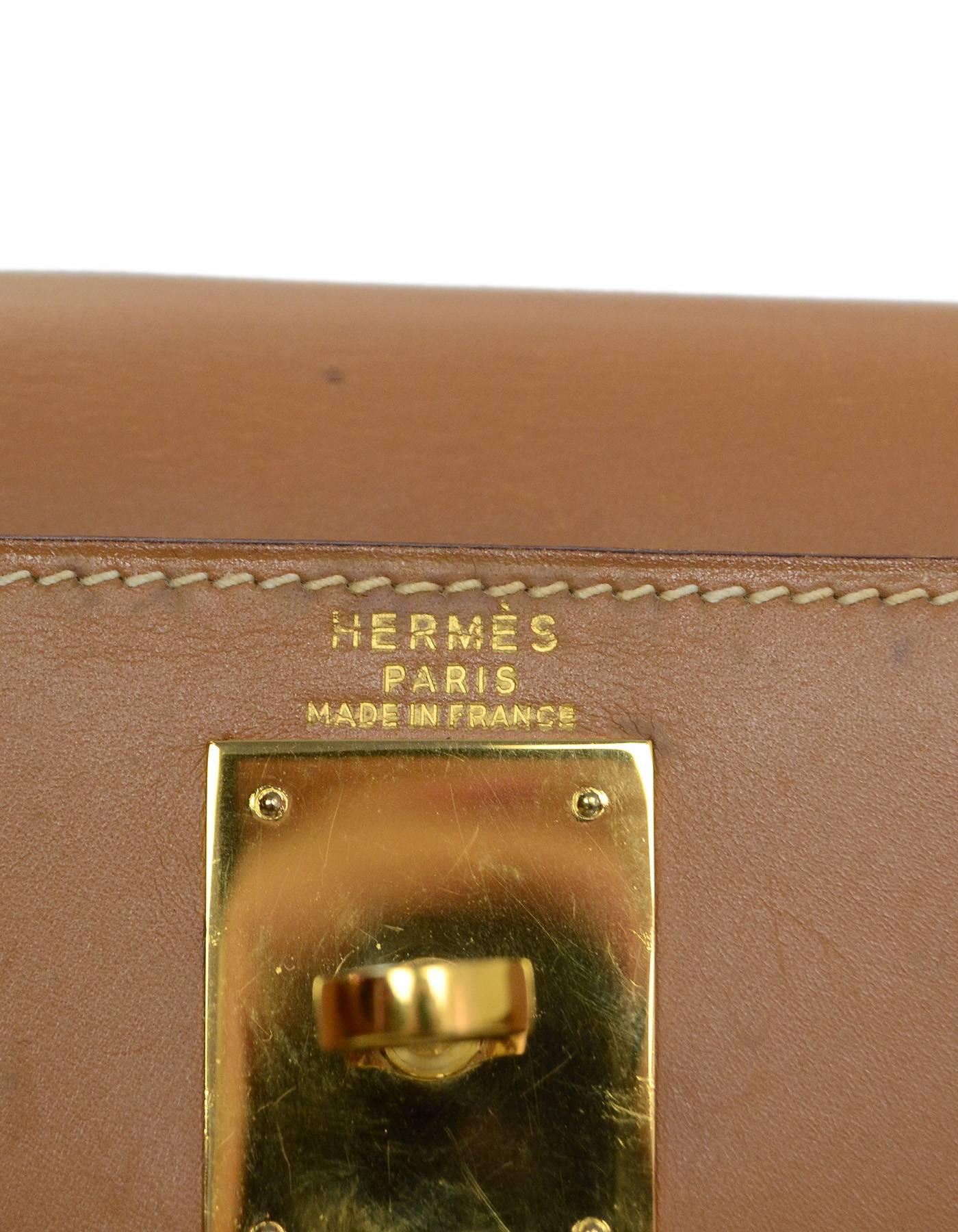 Women's Hermes Tan Box Leather 28cm Rigid Sellier Kelly Bag w/ Strap