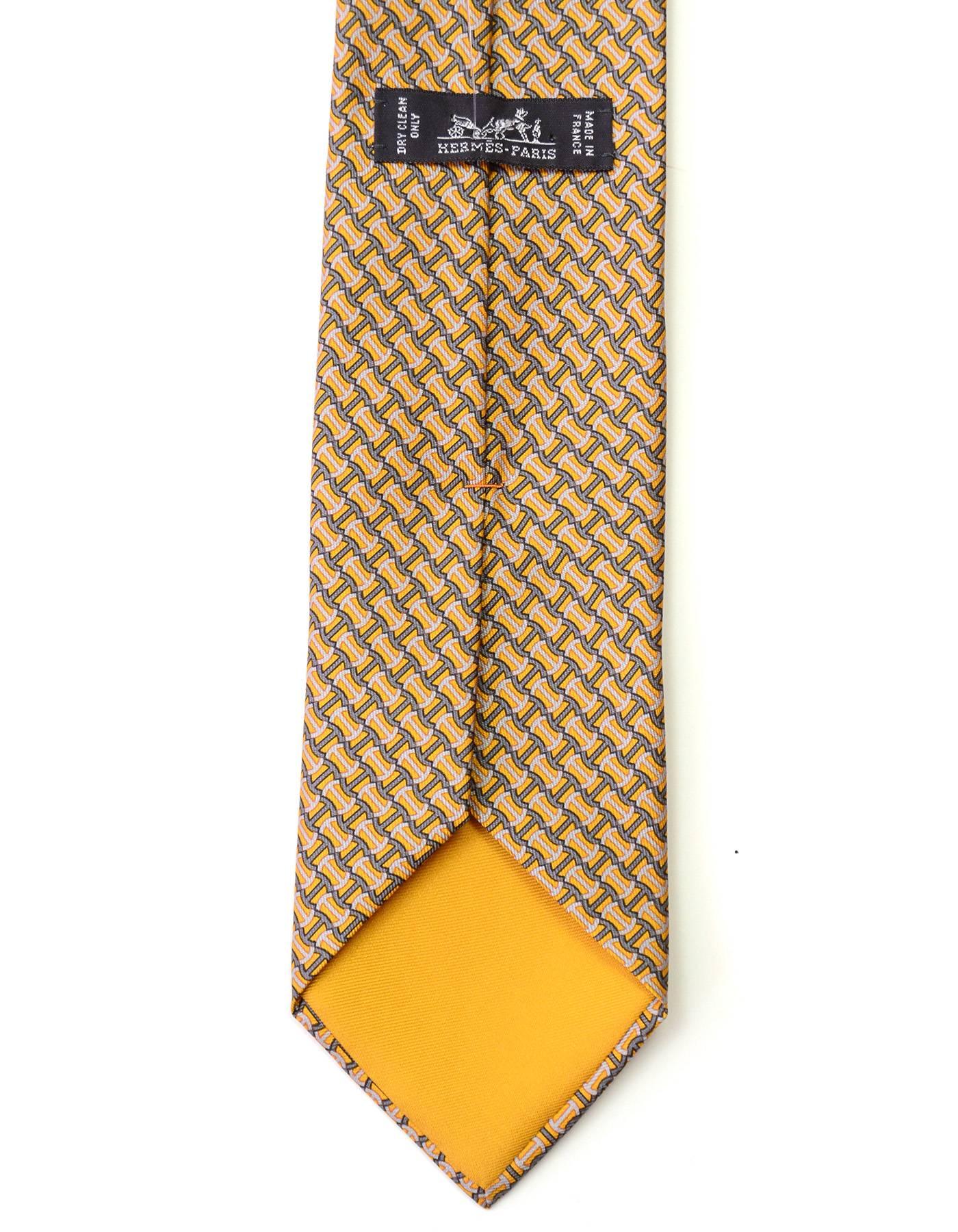 Hermes Yellow & Grey Anchor Print Silk Tie In Excellent Condition In New York, NY