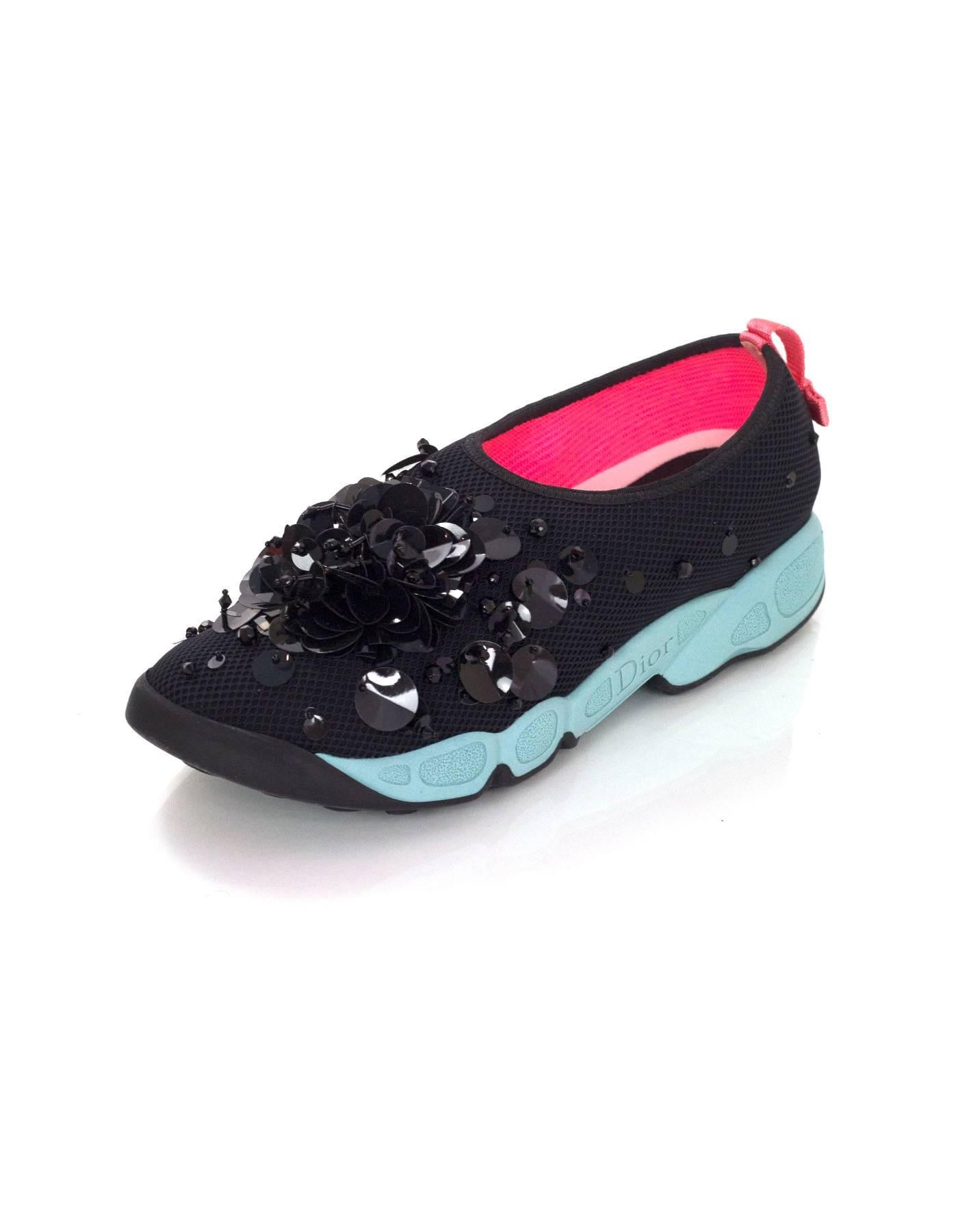 Christian Dior Black and Blue Beaded Fusion Sneakers Sz 38.5
Features beading and sequin throughout

Made In: Italy
Color: Black, blue
Materials: Nylon/mesh blend, beads, rubber
Closure/Opening: Slide on
Sole Stamp: Dior Made in Italy 38.5
Overall