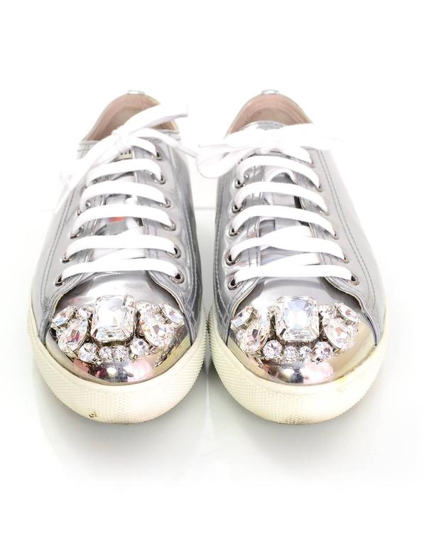Miu Miu Silver Leather and Crystal Sneakers sz 38.5 For Sale at 1stDibs | miu  miu silver sneakers