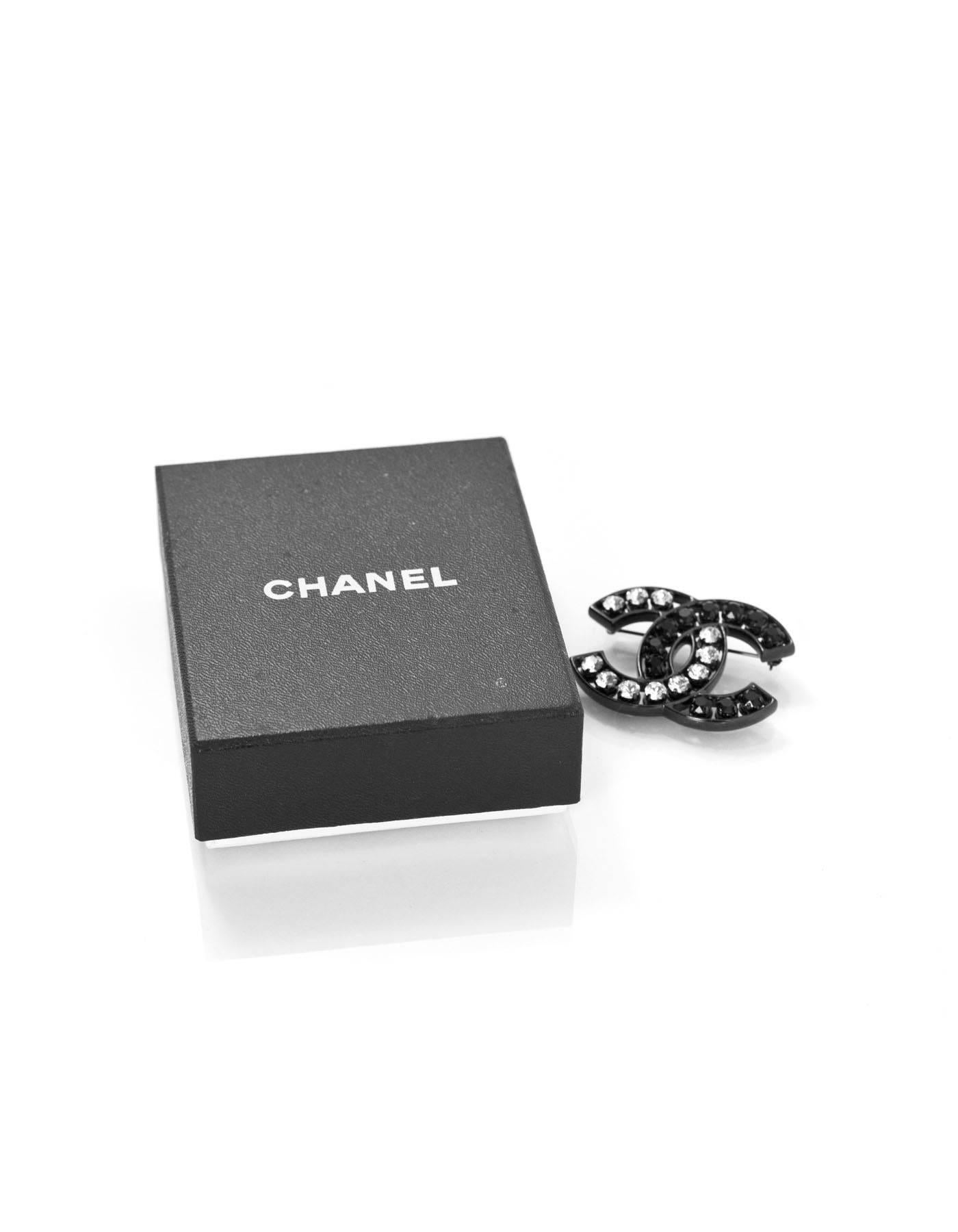 Women's Chanel Black & Clear Crystal CC Brooch Pin
